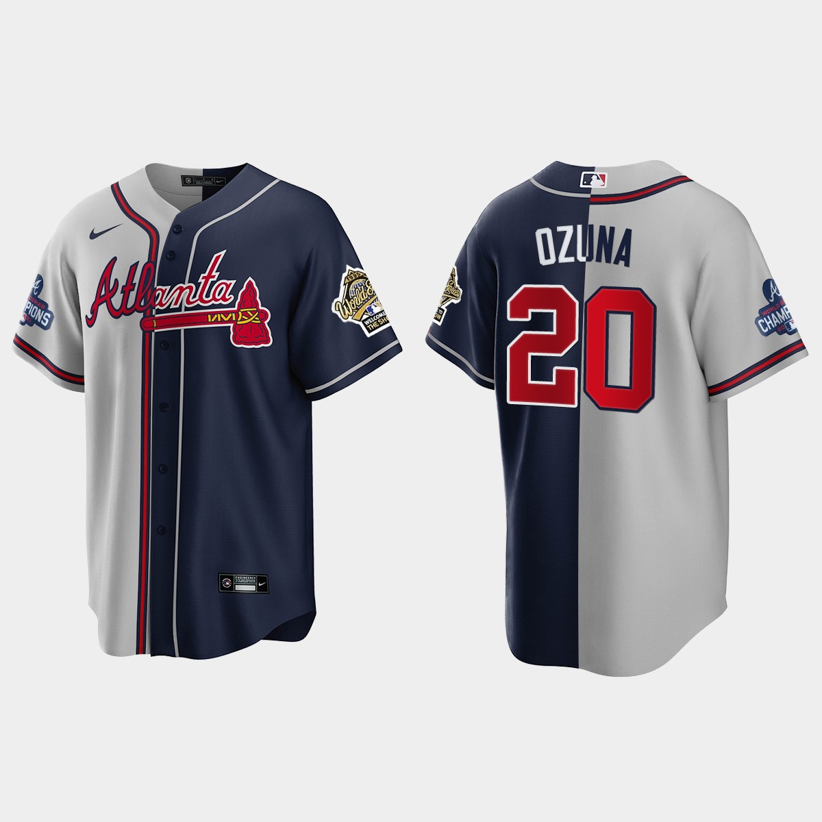 Marcell Ozuna Atlanta Braves 2021 World Series Champions 1995 Throwback Split Jersey - Gray Navy