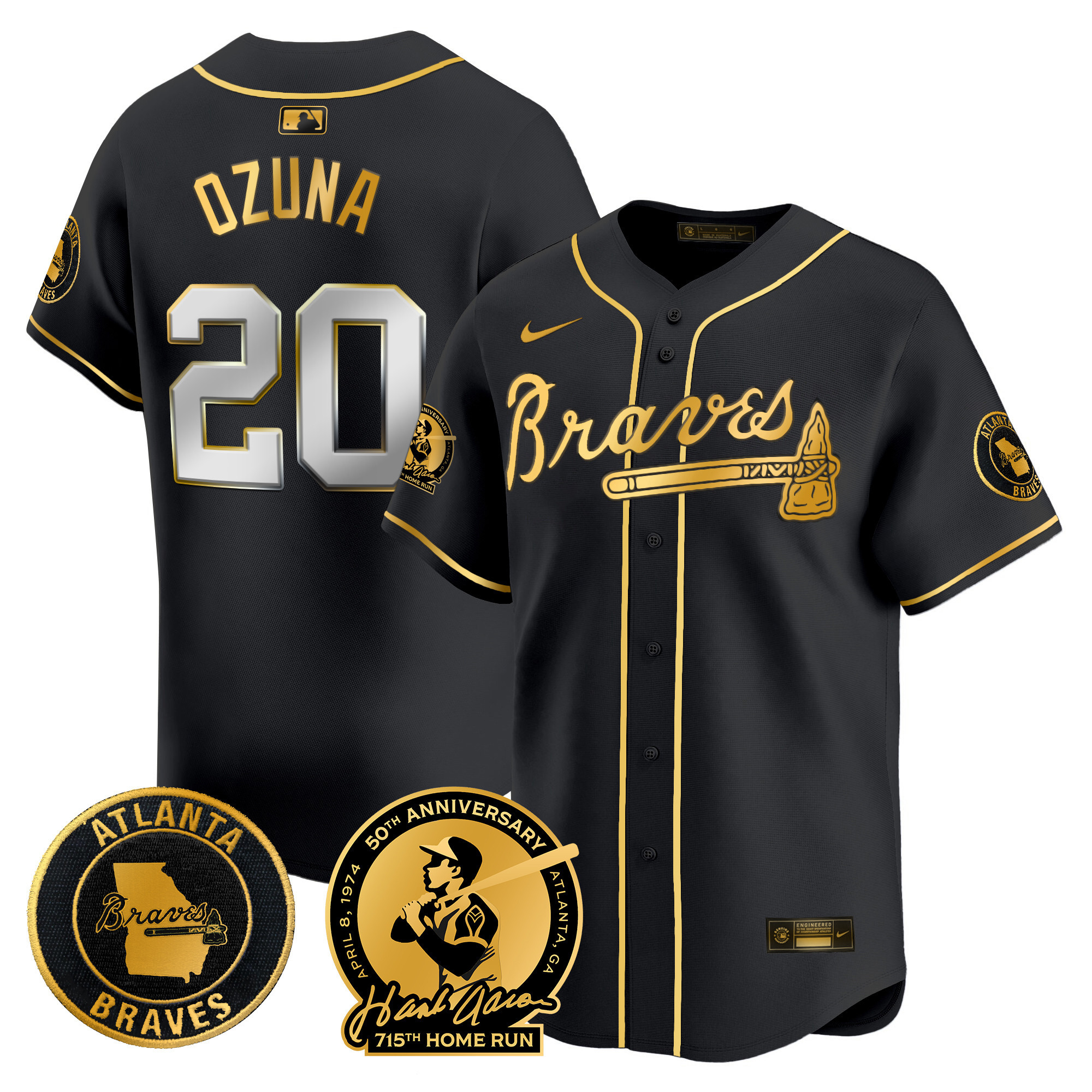 Marcell Ozuna Men's Atlanta Braves Hank Aaron 715th Home Run Patch Vapor Premier Limited Black Gold Jersey - All Stitched