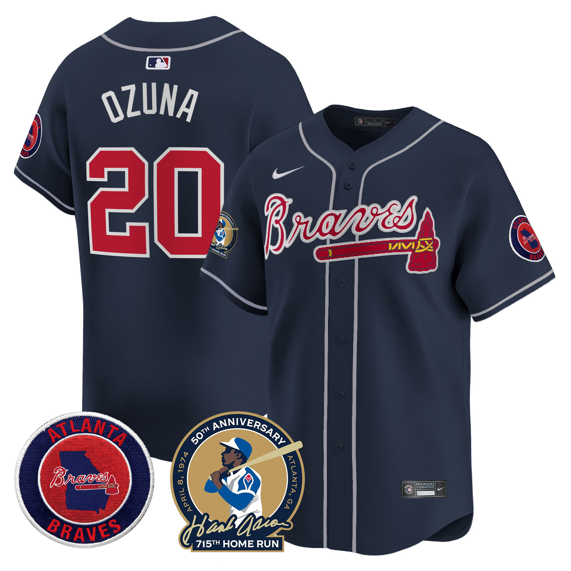 Marcell Ozuna Men's Atlanta Braves Hank Aaron 715th Home Run Patch Vapor Premier Limited Navy Jersey - All Stitched