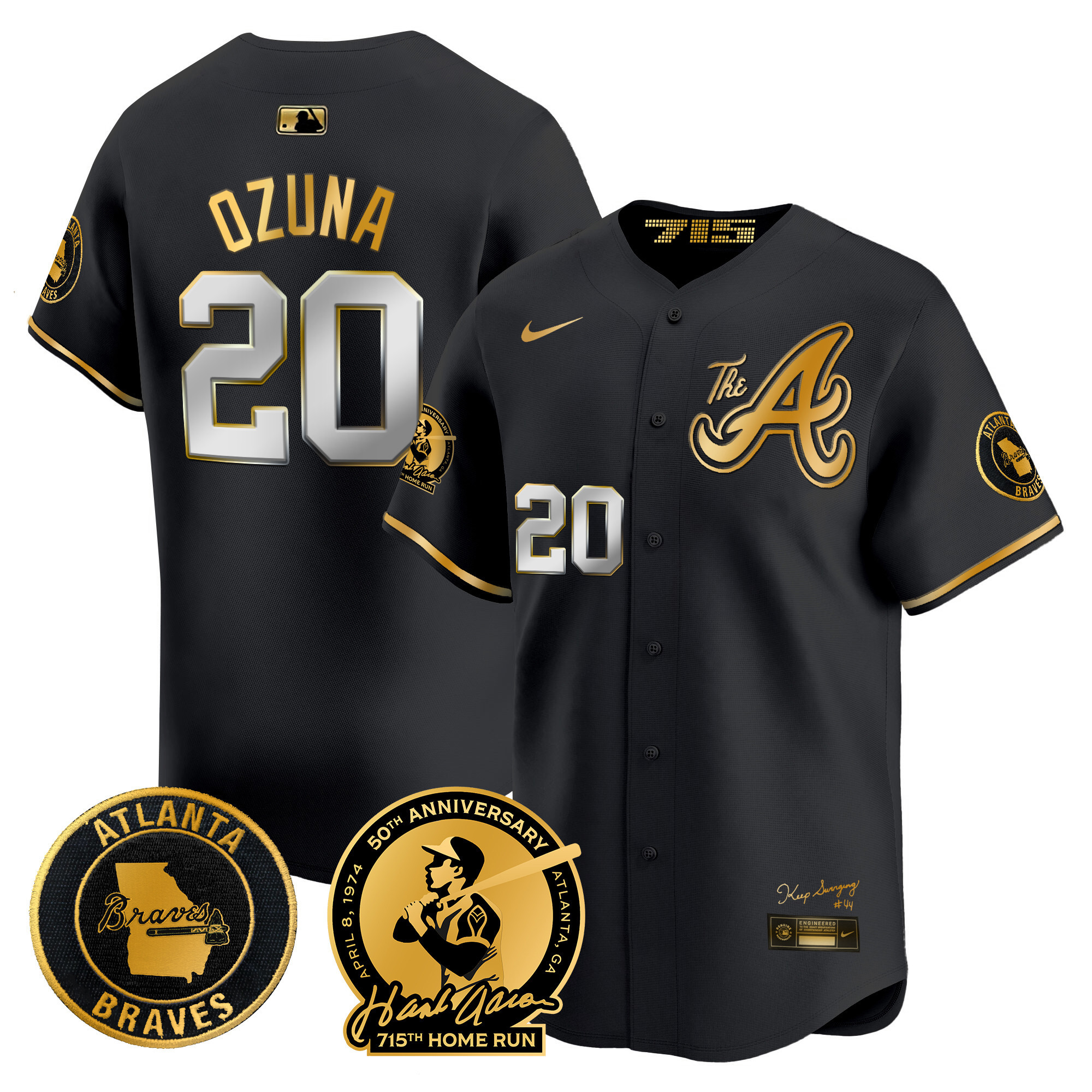 Marcell Ozuna Men's Atlanta Braves Hank Aaron 715th Home Run Patch Vapor Premier Limited V2 Black Gold Jersey - All Stitched