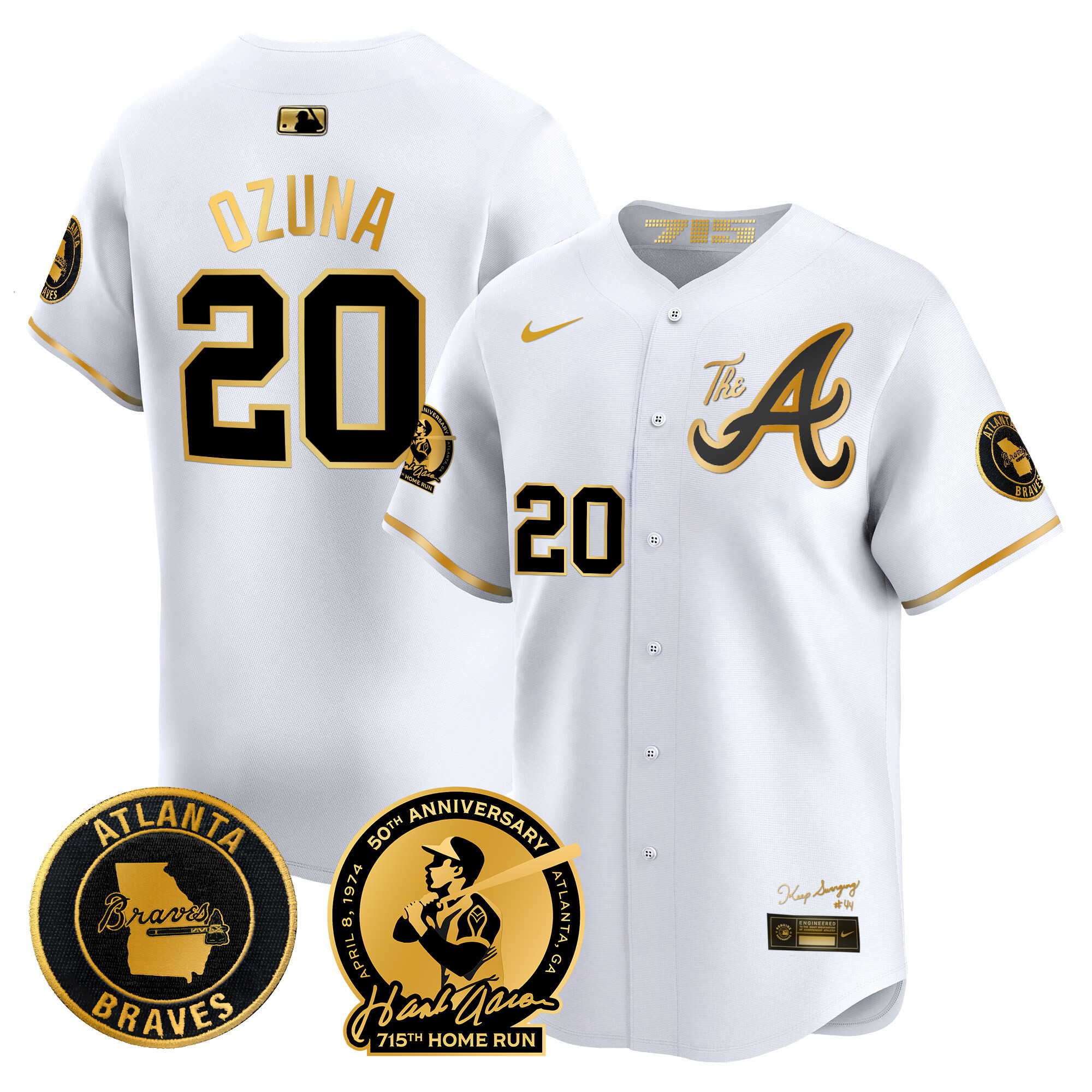 Marcell Ozuna Men's Atlanta Braves Hank Aaron 715th Home Run Patch Vapor Premier Limited V2 White Gold Jersey - All Stitched