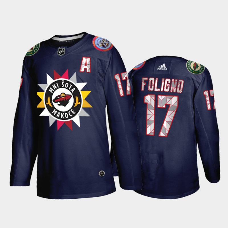 Marcus Foligno #17 Minnesota Wild Native American Heritage Day 2021-22 Navy Jersey