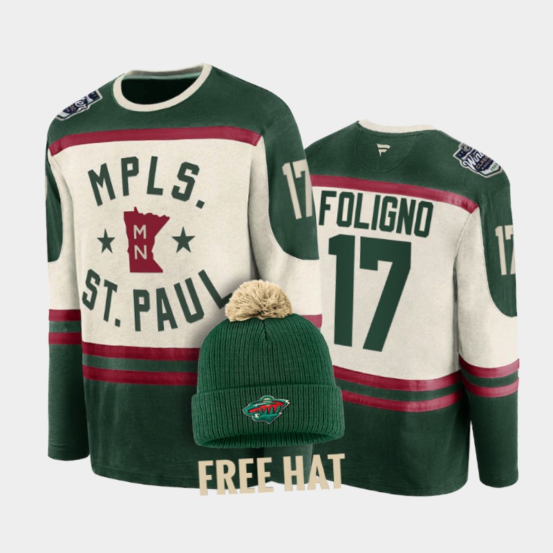 Marcus Foligno Minnesota Wild 2022 Winter Classic #17 T-Shirt Free Hat Green Cream Retro Archival
