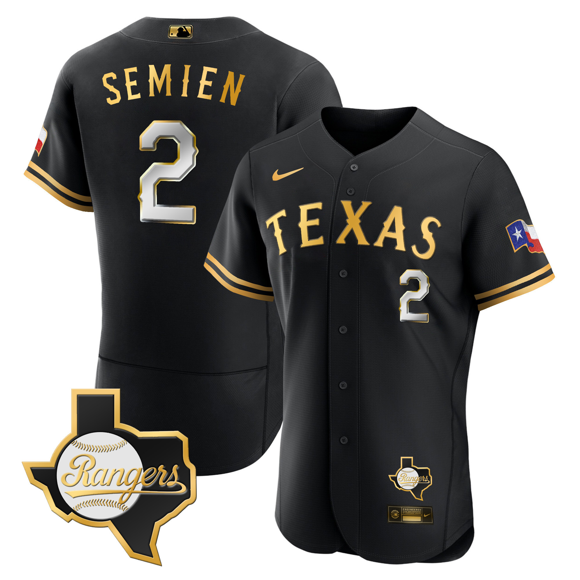Marcus Semien Men's Texas Rangers 2023 Flex Base - Texas Patch Black Gold Jersey - All Stitched