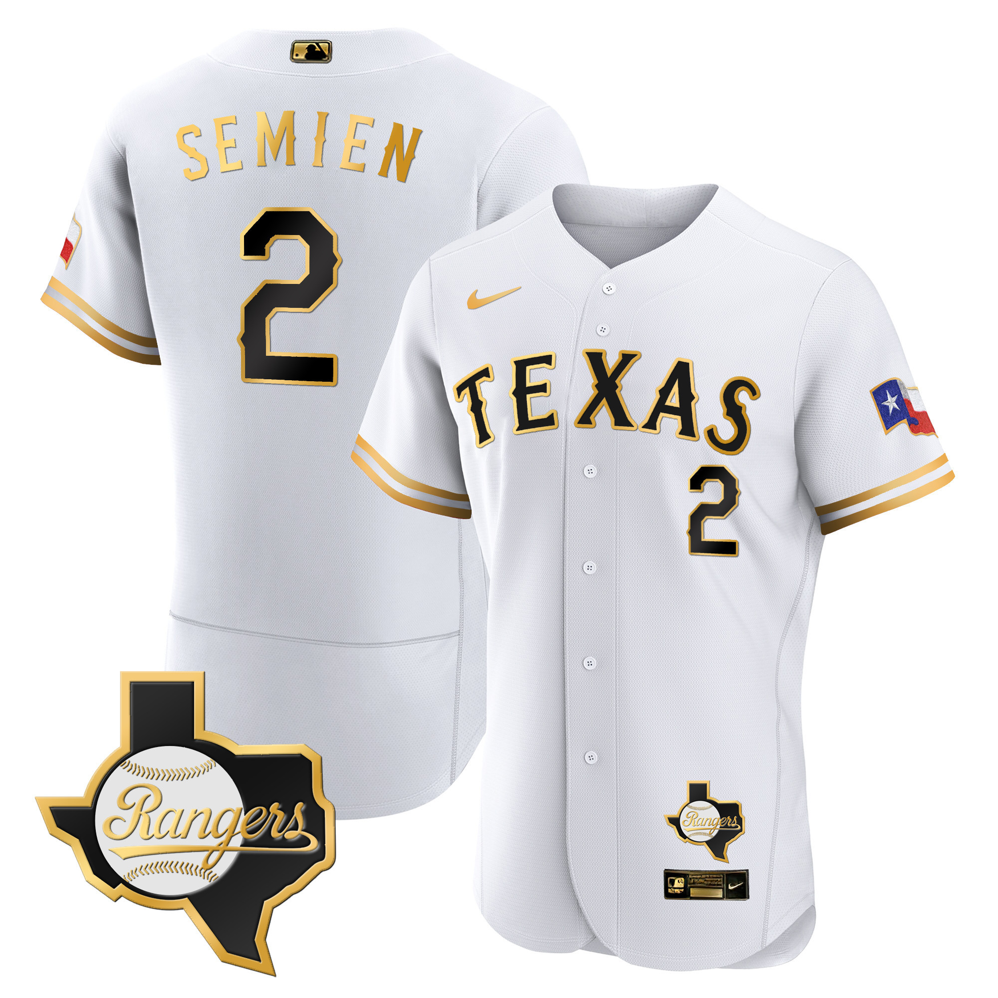 Marcus Semien Men's Texas Rangers 2023 Flex Base - Texas Patch White Gold Jersey - All Stitched