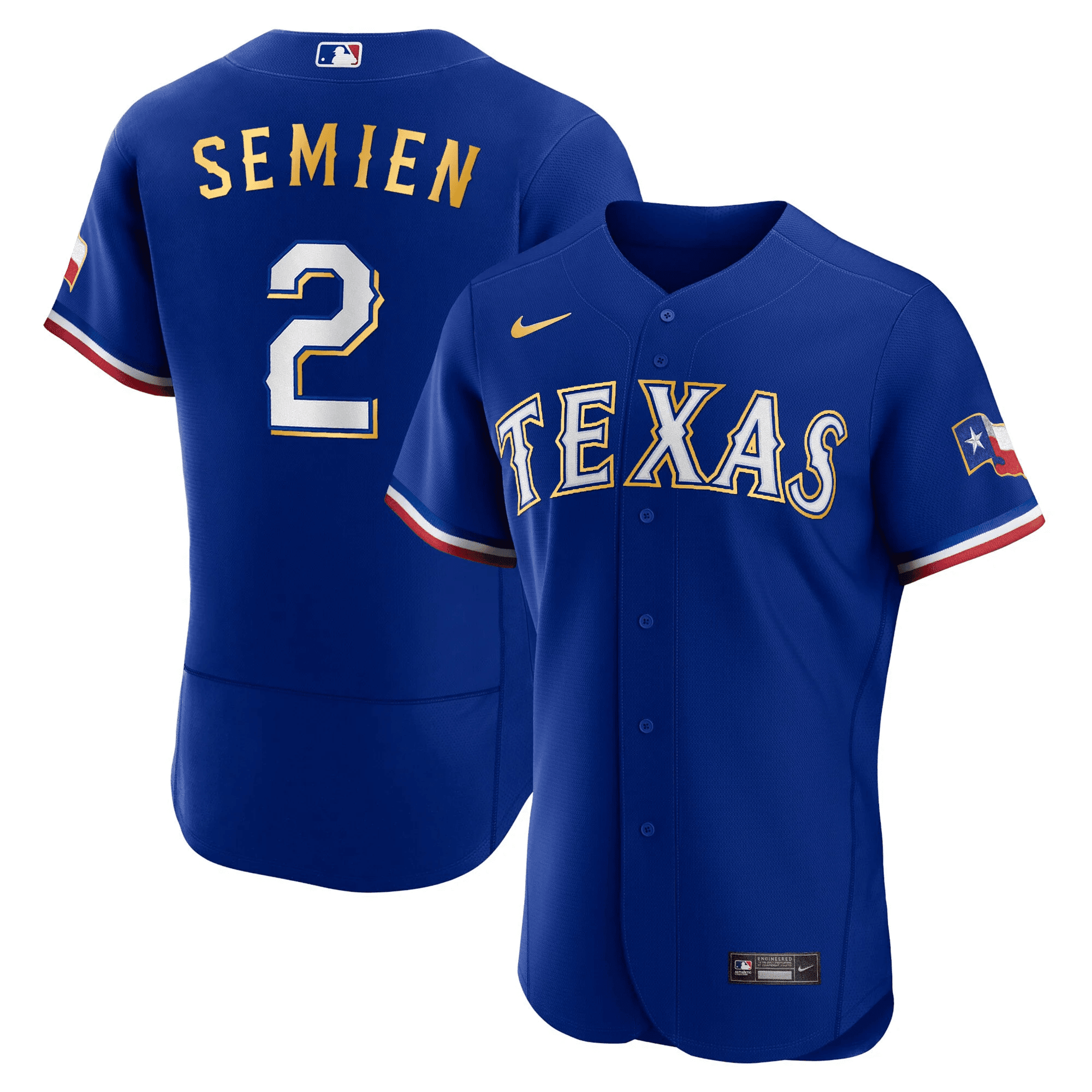Marcus Semien Men's Texas Rangers 2023 Gold Trim Flex Royal Jersey - All Stitched