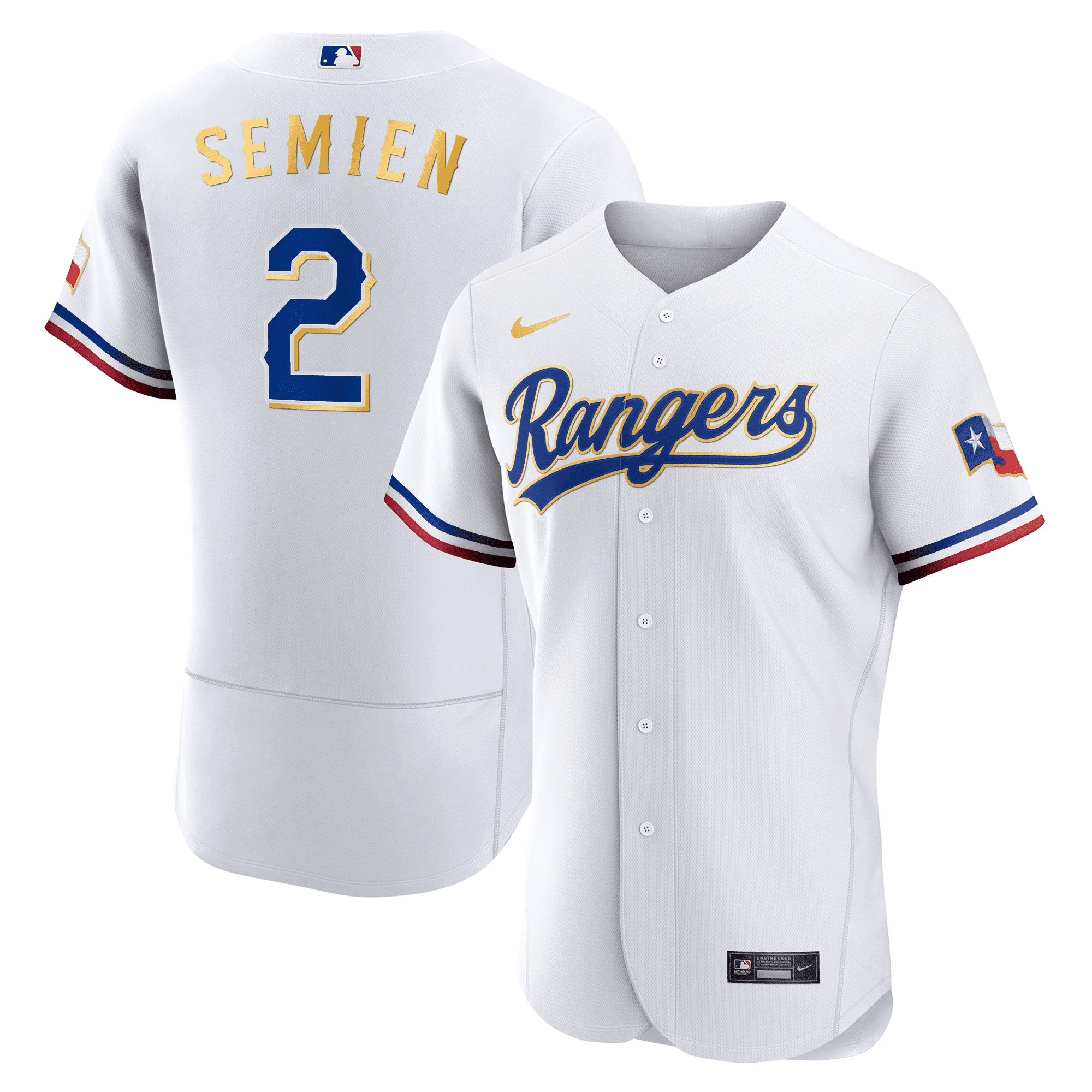 Marcus Semien Men's Texas Rangers 2023 Gold Trim Flex White Jersey - All Stitched