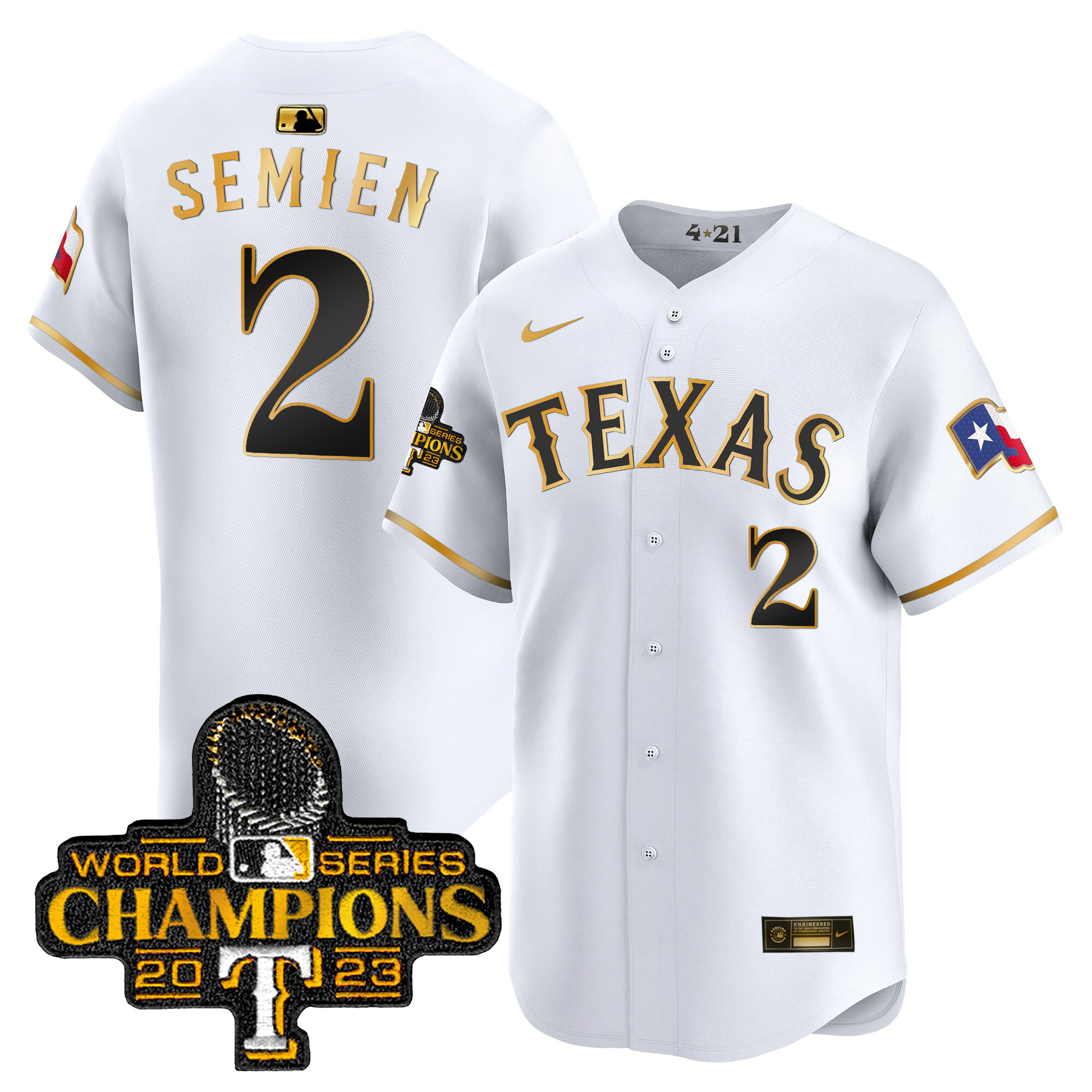 Marcus Semien Men's Texas Rangers 2023 World Series Champions City Connect Vapor Premier Limited White Gold Jersey - All Stitched