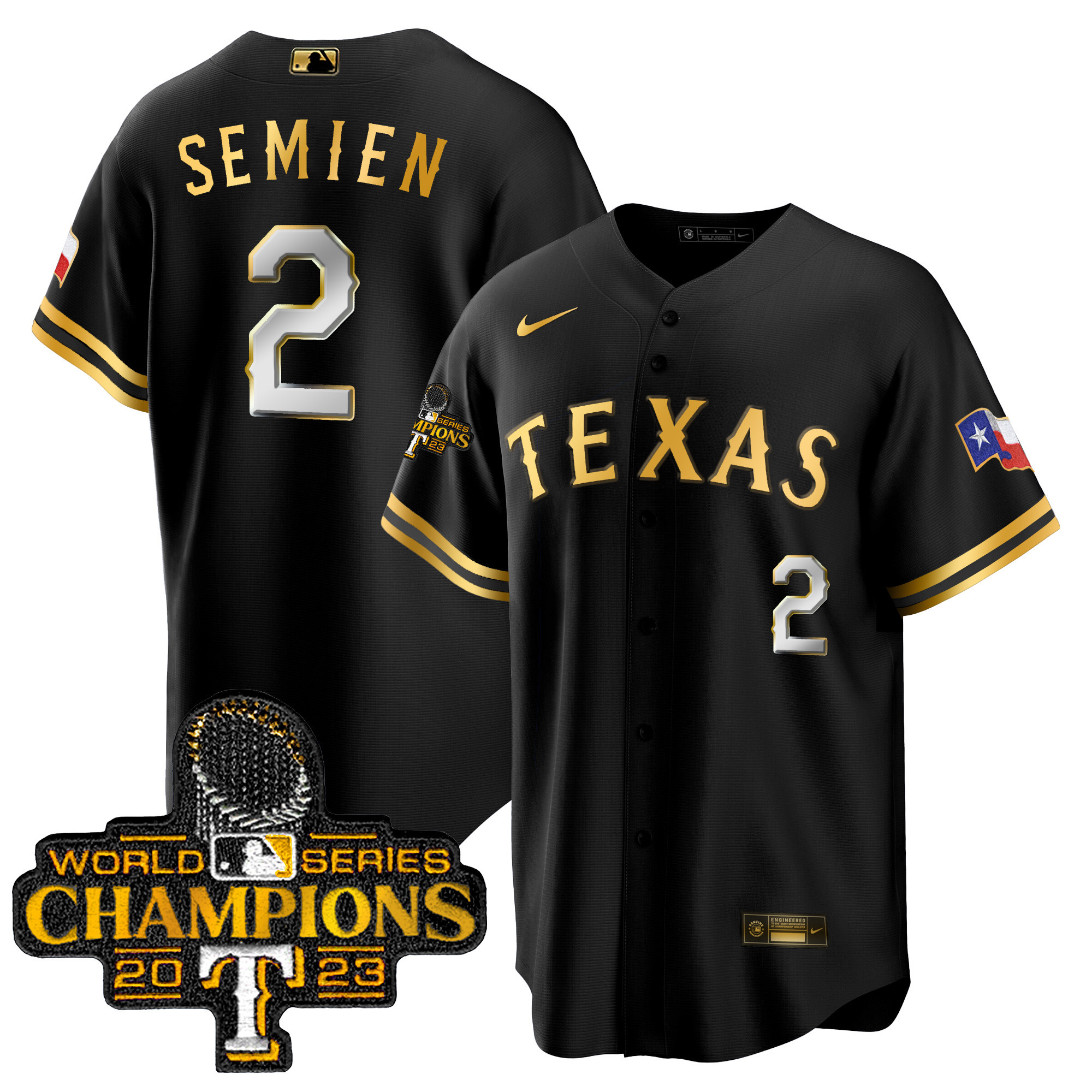 Marcus Semien Men's Texas Rangers 2023 World Series Champions Cool Base Black Gold Jersey - All Stitched