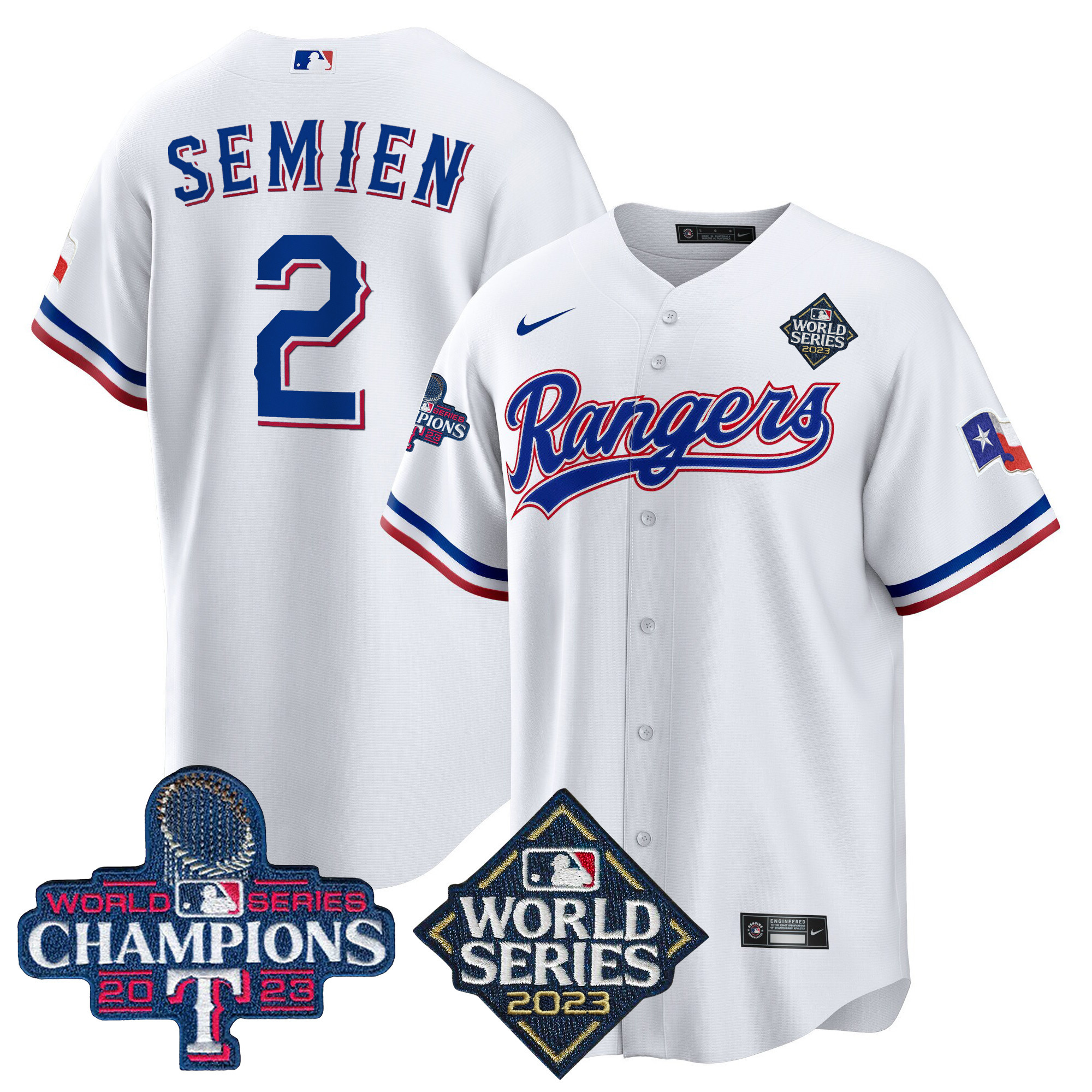 Marcus Semien Men's Texas Rangers 2023 World Series Champions Cool Base V4 White Jersey - All Stitched