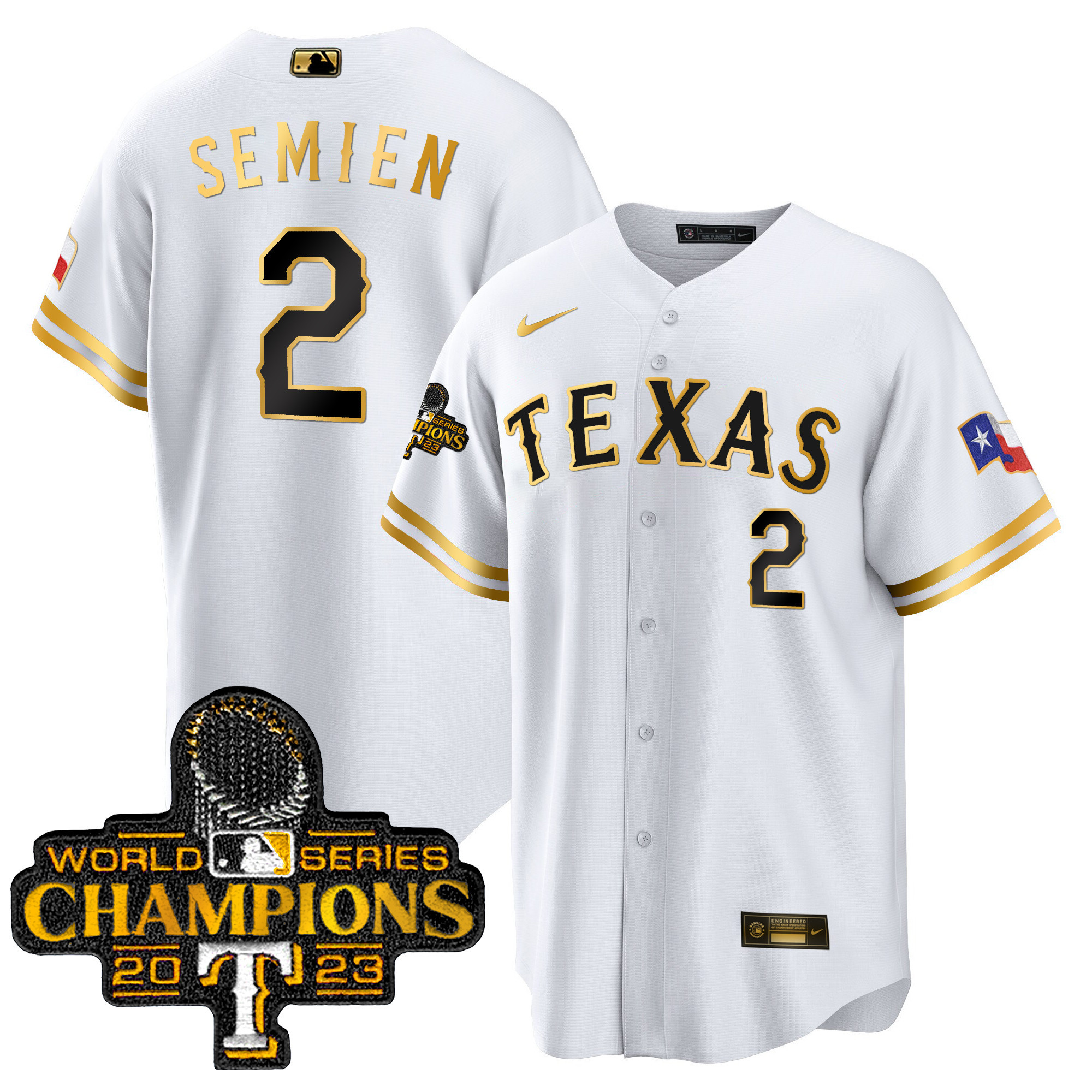 Marcus Semien Men's Texas Rangers 2023 World Series Champions Cool Base White Gold Jersey - All Stitched