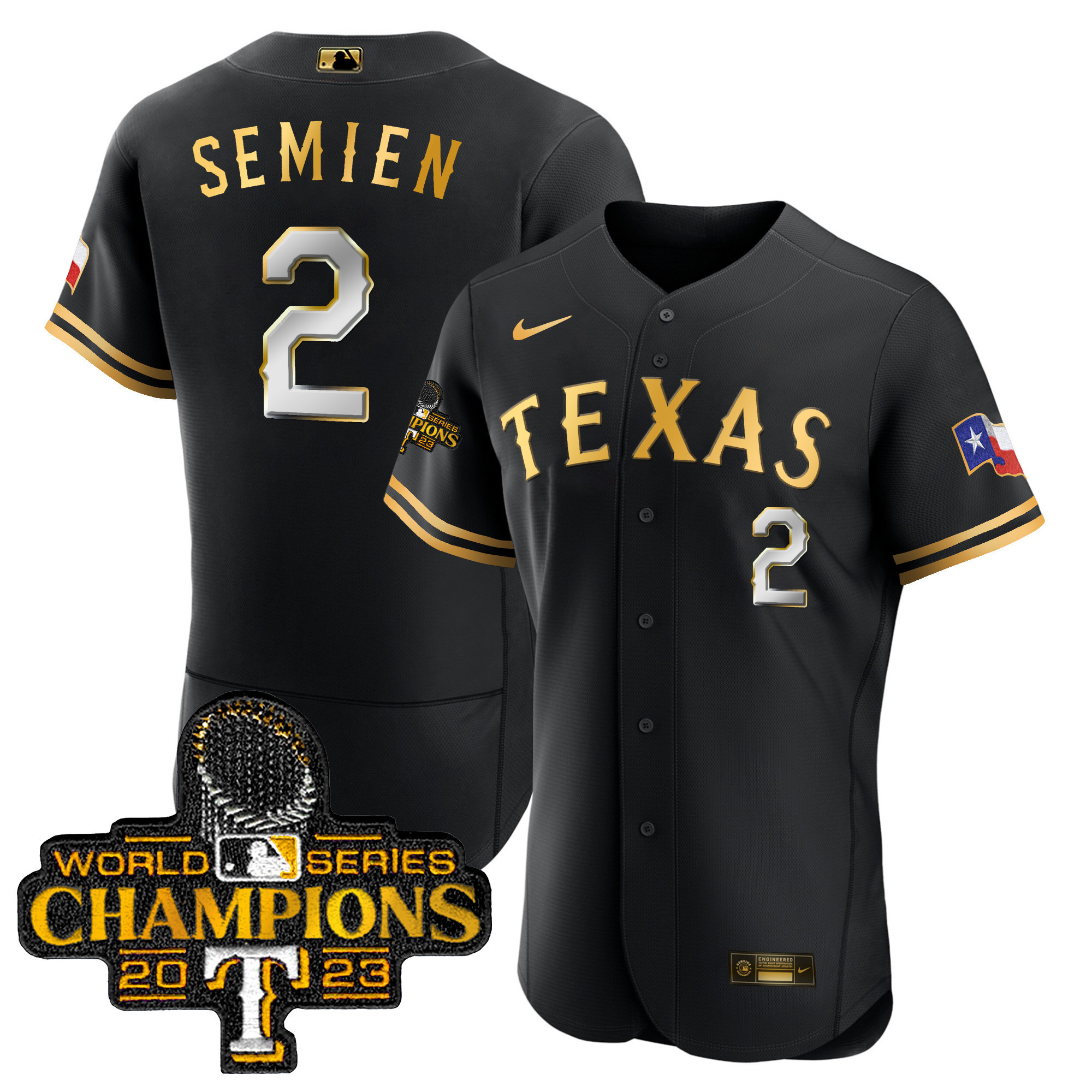 Marcus Semien Men's Texas Rangers 2023 World Series Champions Flex Base Black Gold Jersey - All Stitched