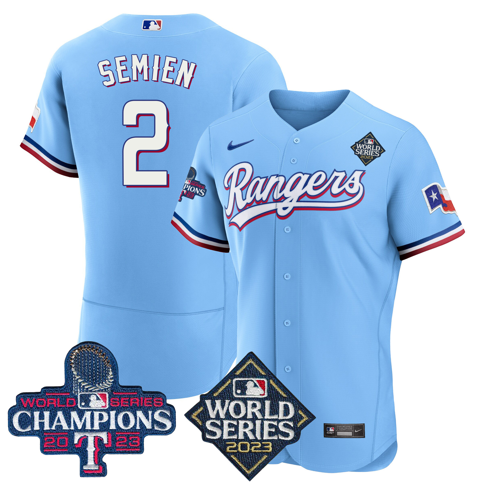 Marcus Semien Men's Texas Rangers 2023 World Series Champions Flex Base V4 Blue Jersey - All Stitched