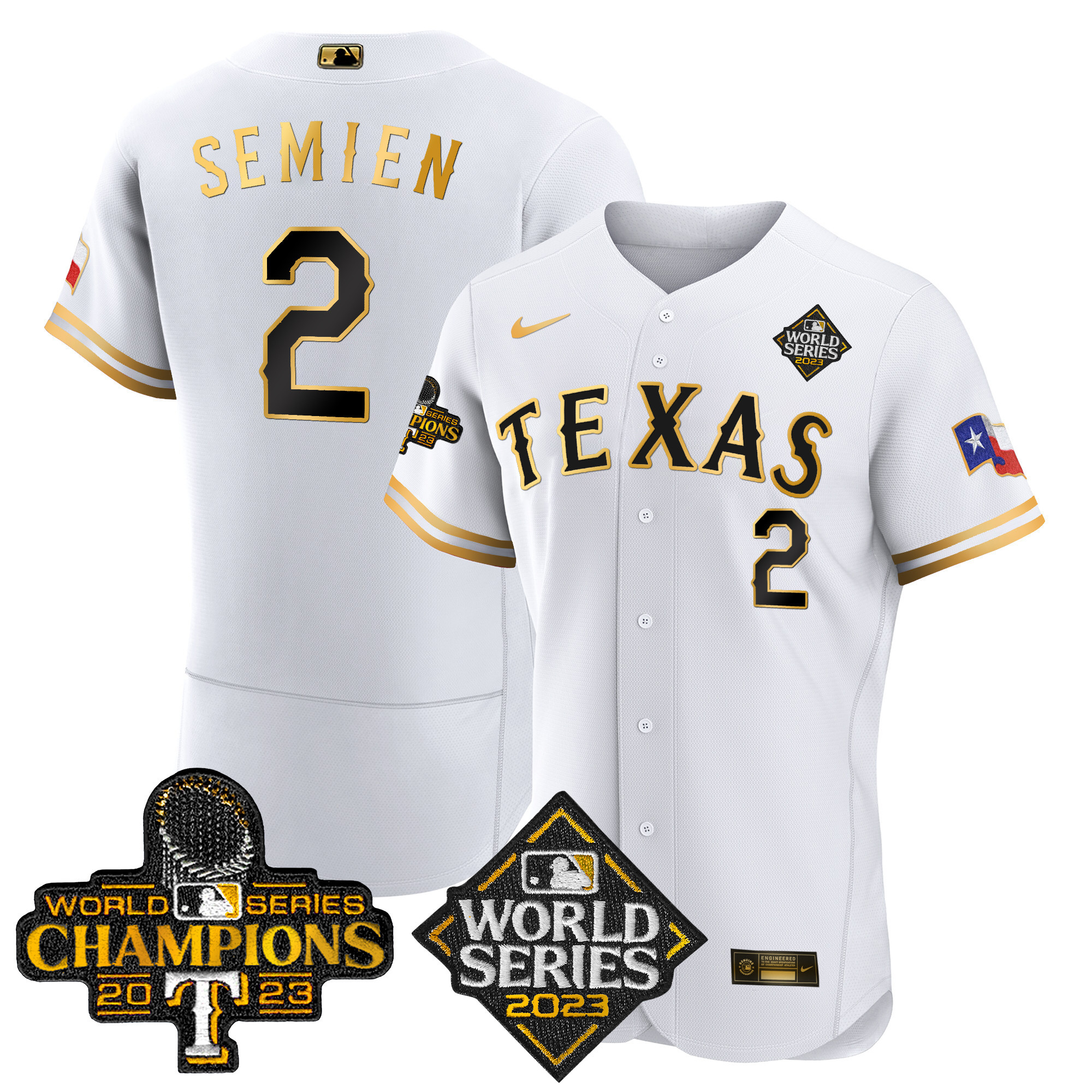Marcus Semien Men's Texas Rangers 2023 World Series Champions Flex Base V4 White Gold Jersey - All Stitched