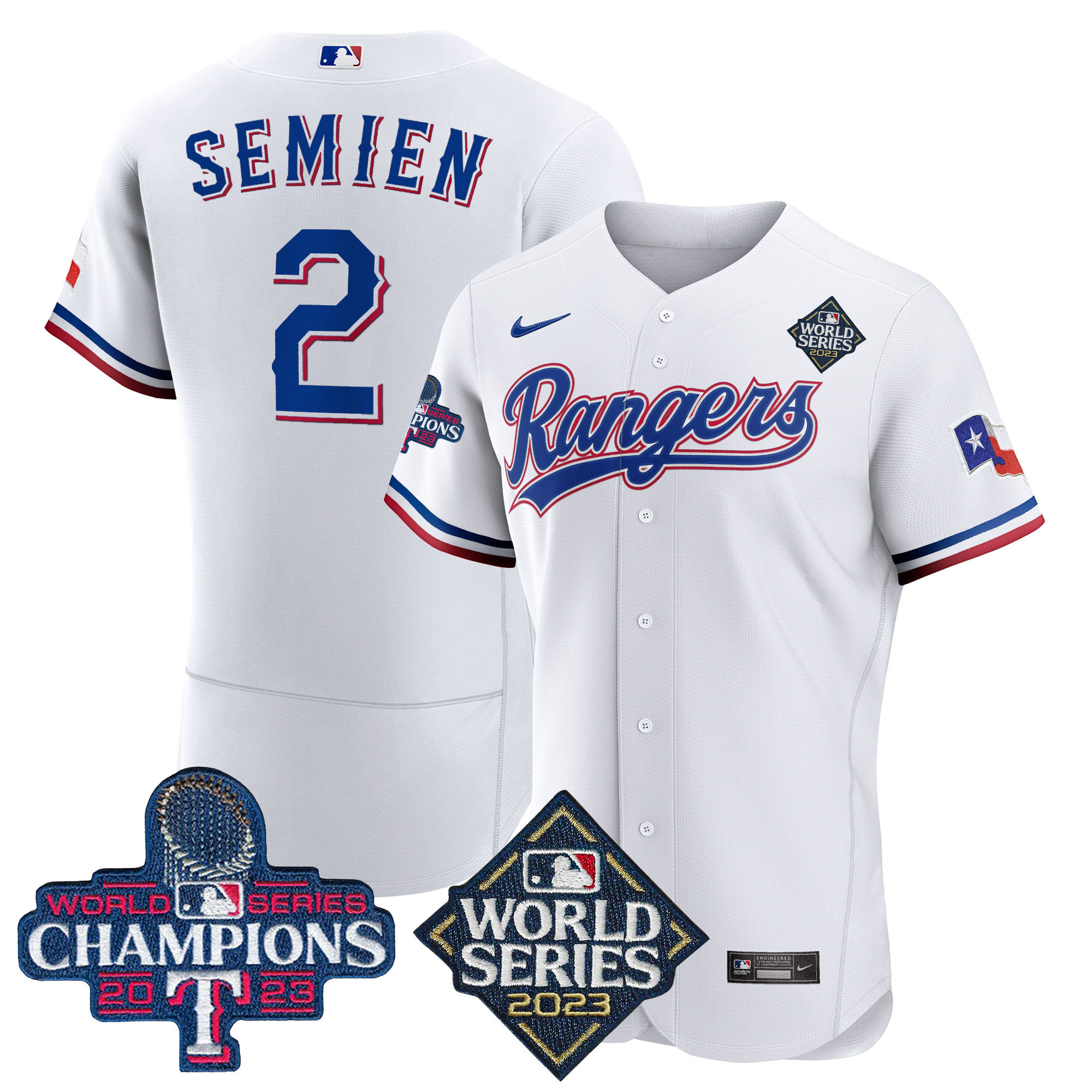 Marcus Semien Men's Texas Rangers 2023 World Series Champions Flex Base V4 White Jersey - All Stitched