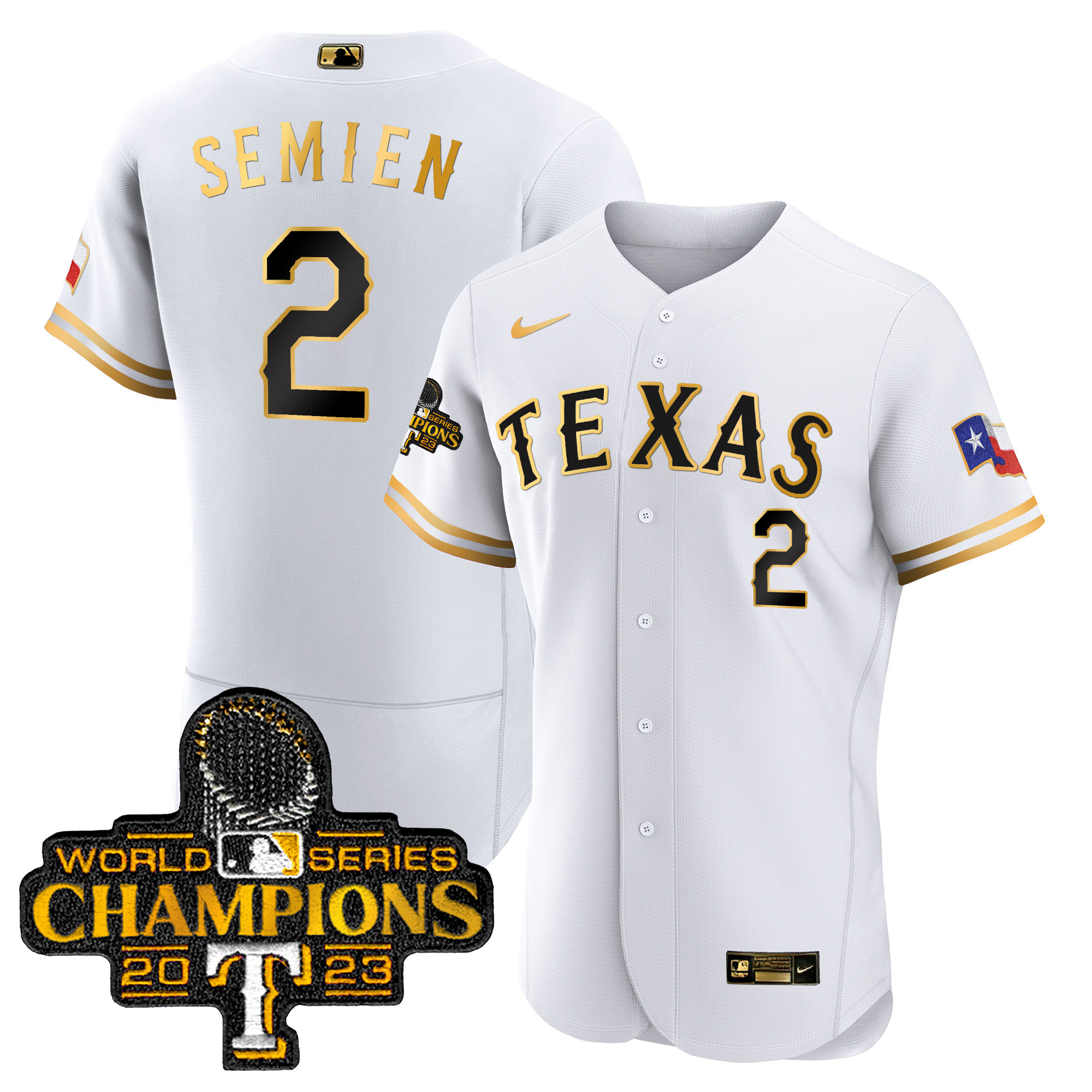 Marcus Semien Men's Texas Rangers 2023 World Series Champions Flex Base White Gold Jersey - All Stitched