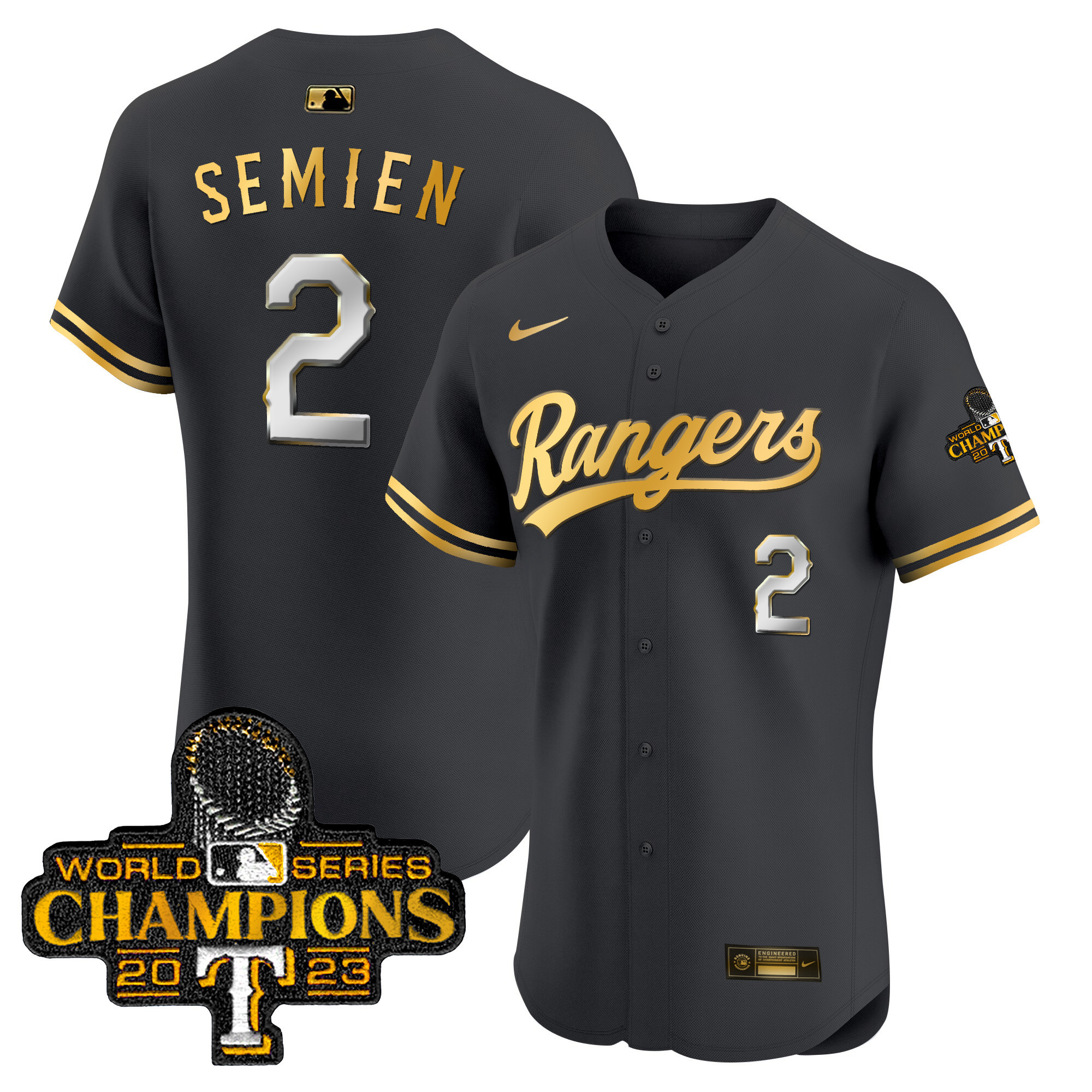 Marcus Semien Men's Texas Rangers 2023 World Series Champions Gold Trim Vapor Premier Elite Black Gold Jersey - All Stitched