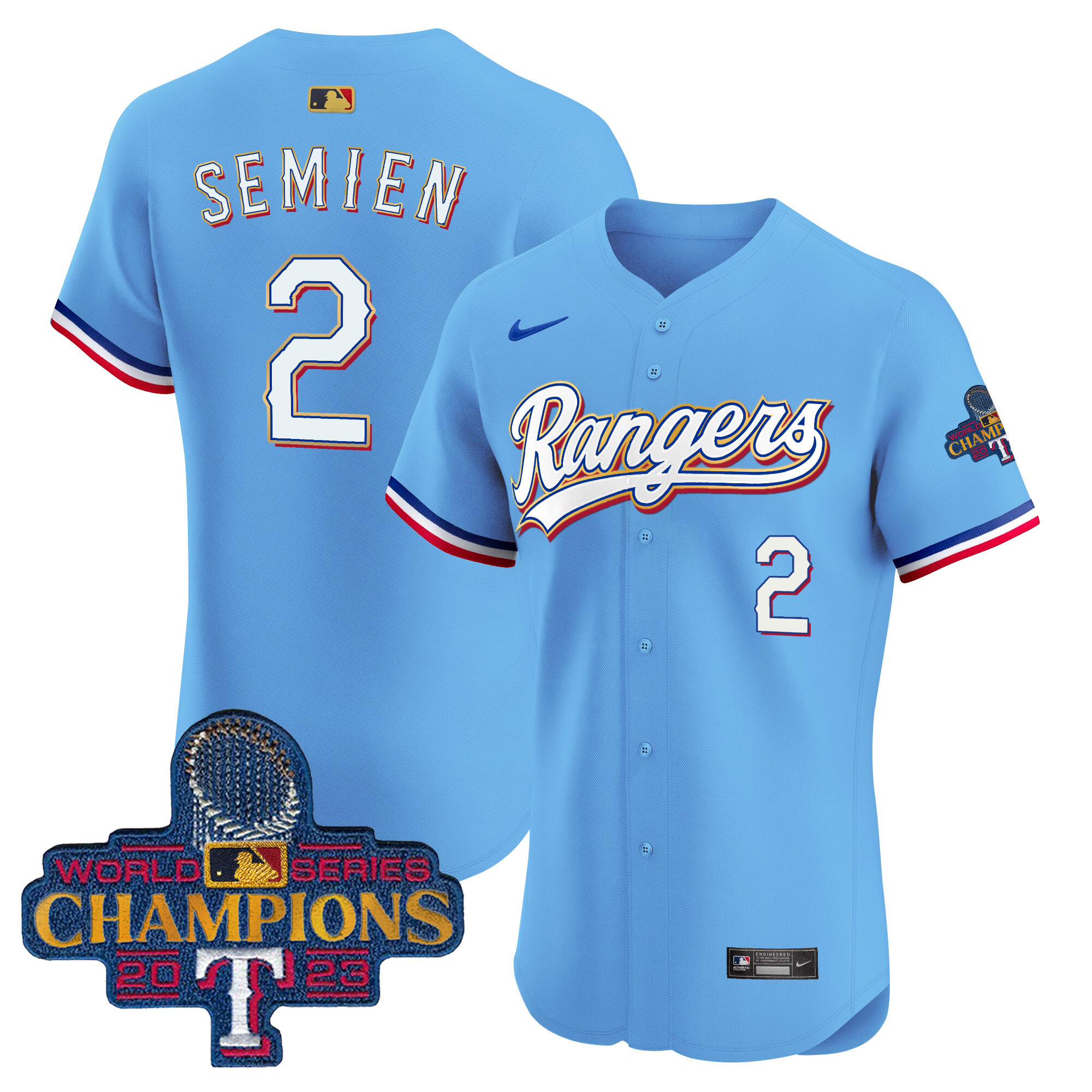 Marcus Semien Men's Texas Rangers 2023 World Series Champions Gold Trim Vapor Premier Elite Blue Jersey - All Stitched
