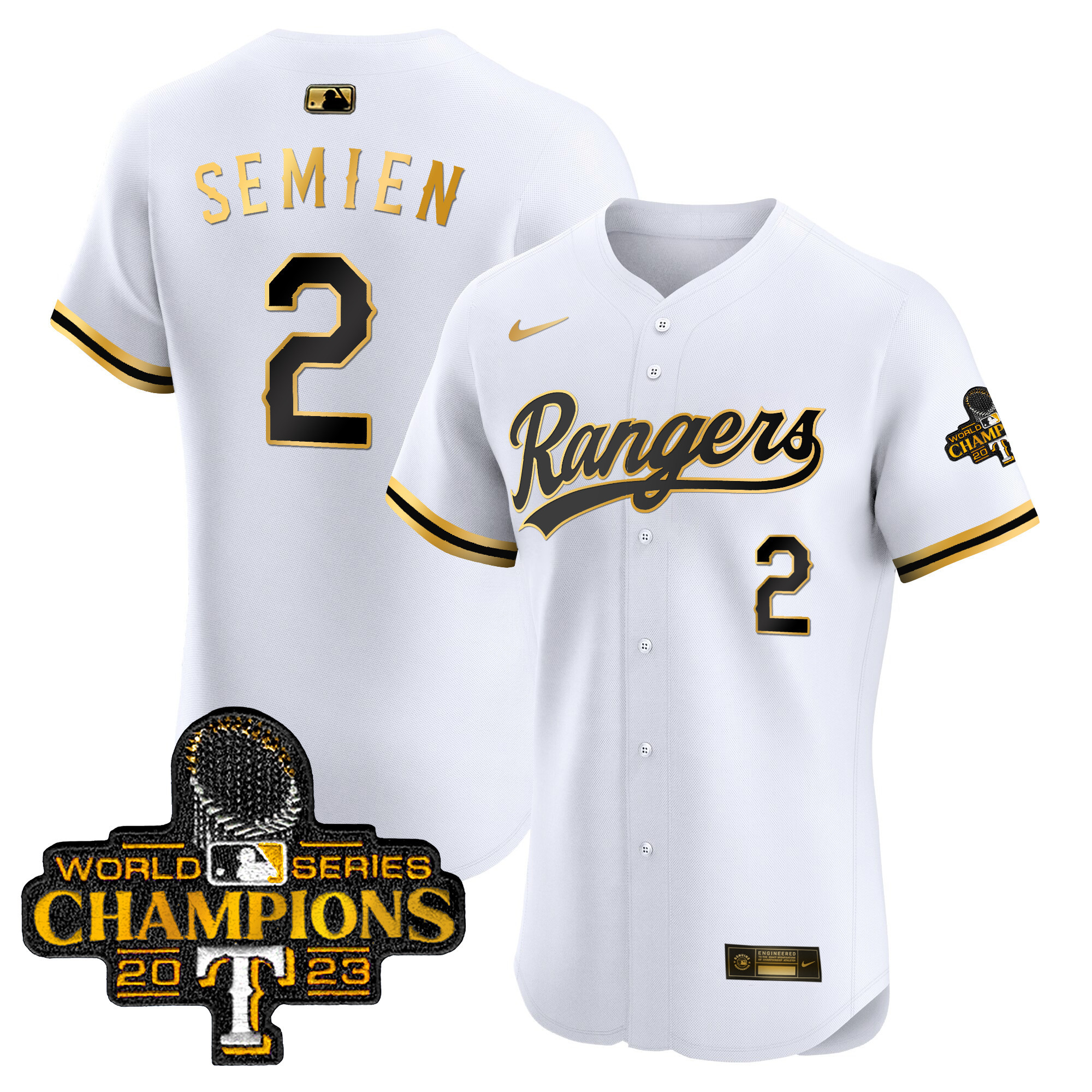 Marcus Semien Men's Texas Rangers 2023 World Series Champions Gold Trim Vapor Premier Elite White Gold Jersey - All Stitched