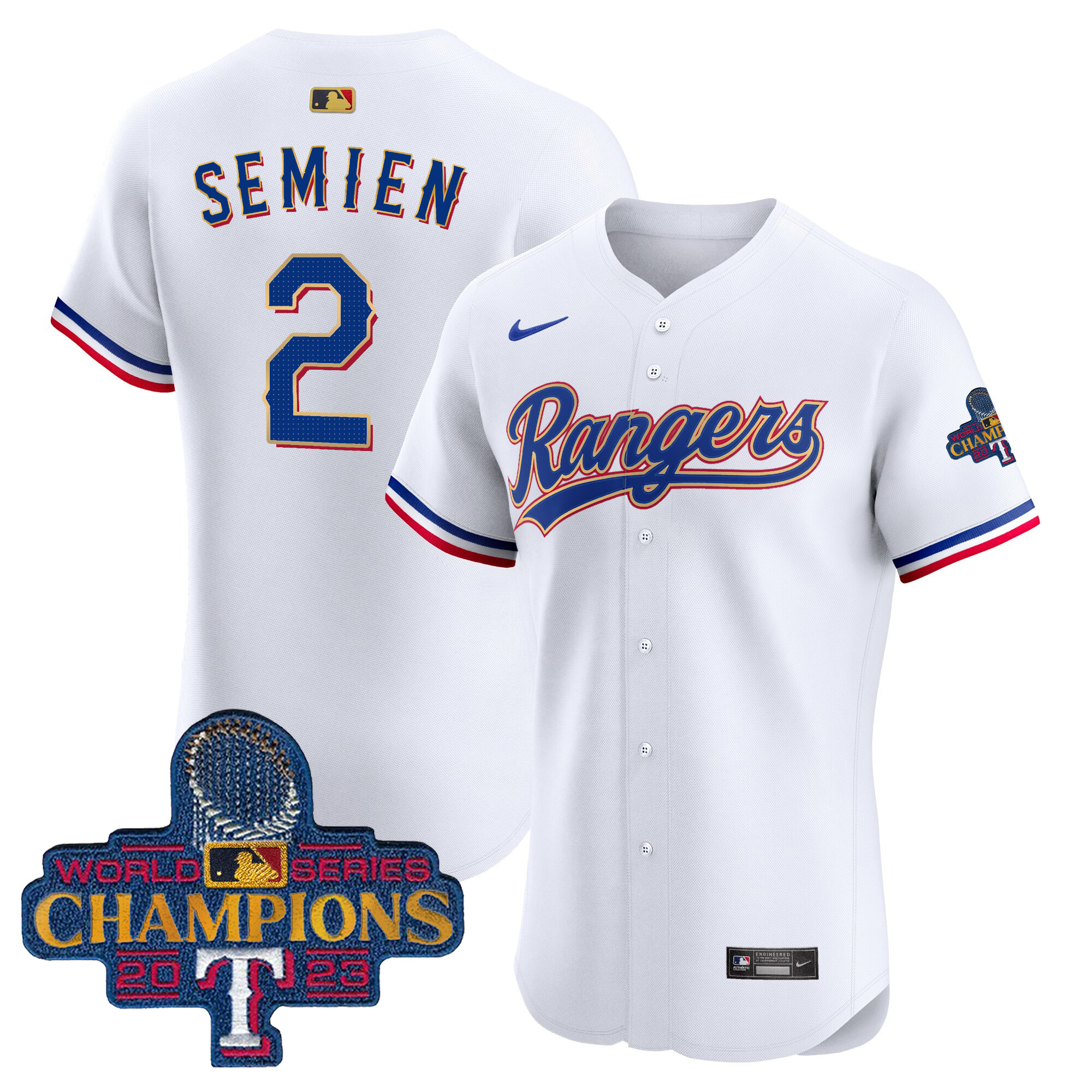 Marcus Semien Men's Texas Rangers 2023 World Series Champions Gold Trim Vapor Premier Elite White Jersey - All Stitched