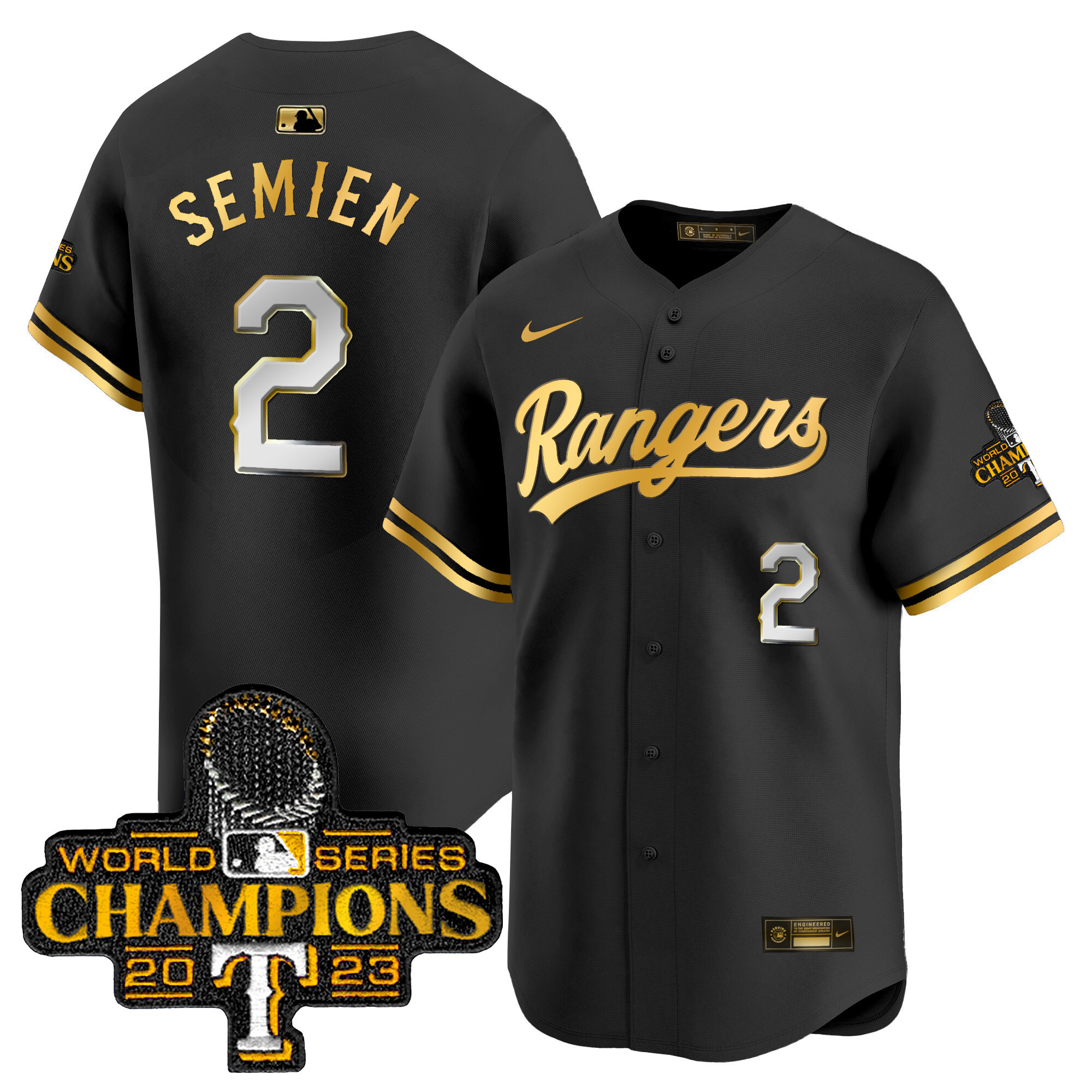 Marcus Semien Men's Texas Rangers 2023 World Series Champions Gold Trim Vapor Premier Limited Black Gold Jersey - All Stitched