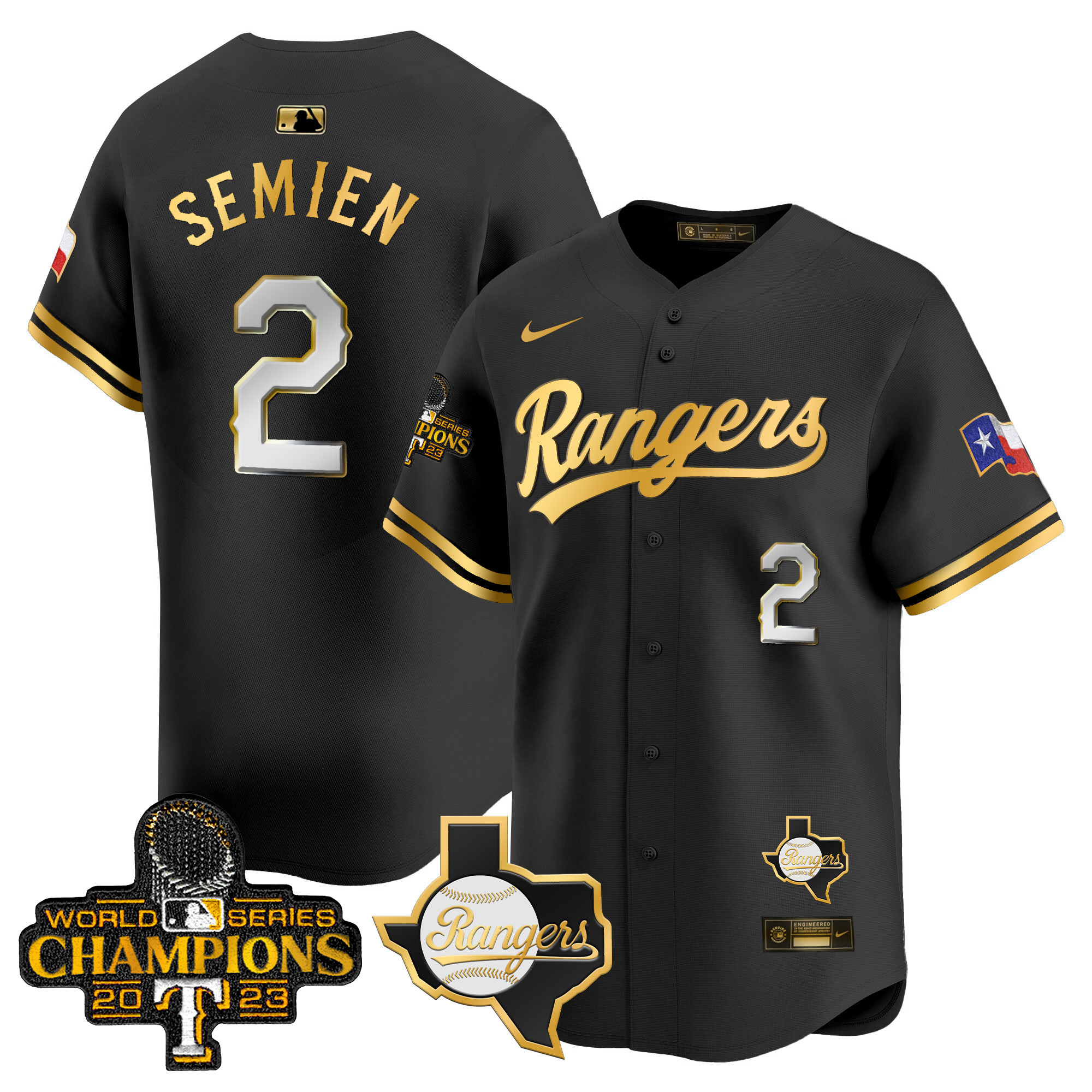 Marcus Semien Men's Texas Rangers 2023 World Series Champions Gold Trim Vapor Premier Limited V2 Black Gold Jersey - All Stitched