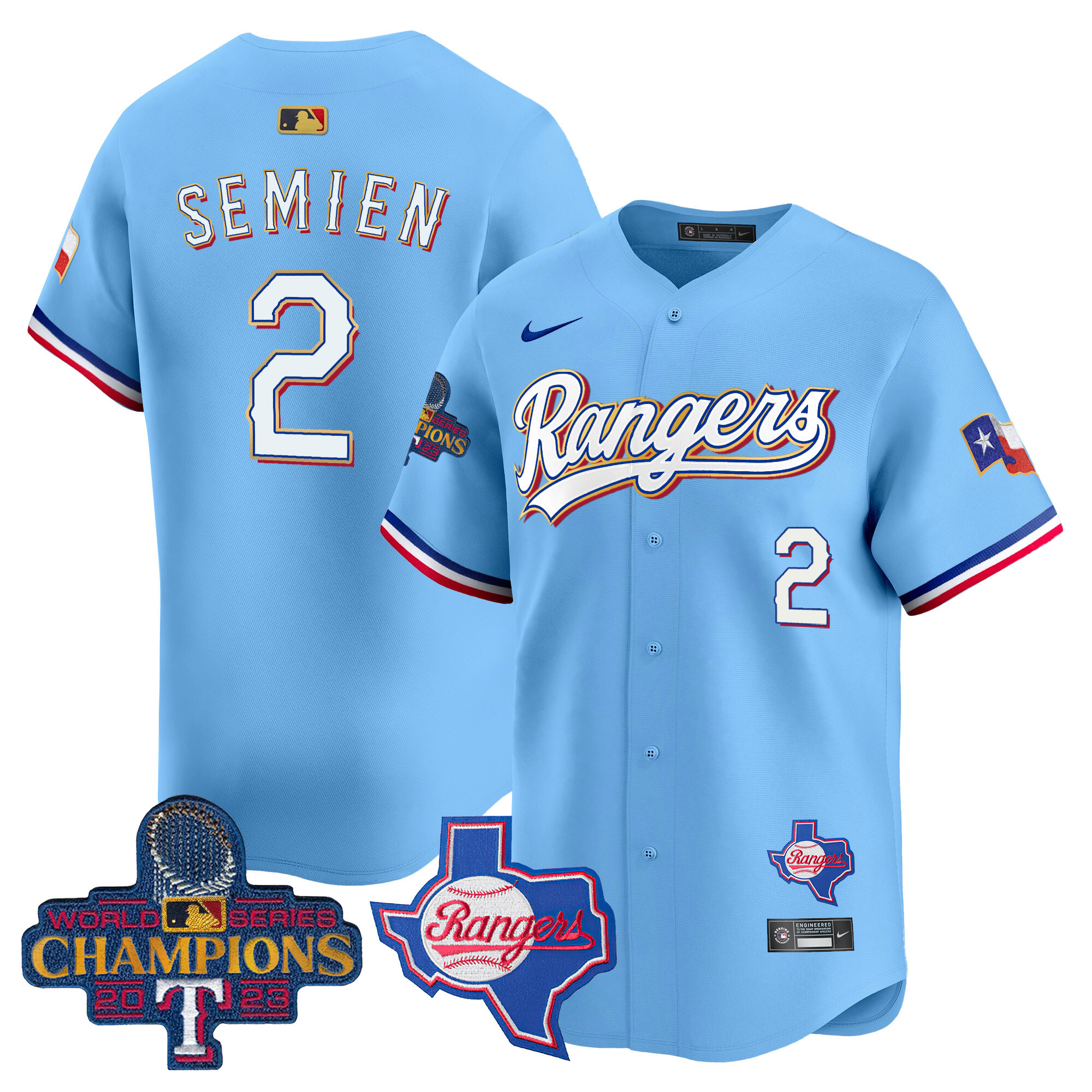 Marcus Semien Men's Texas Rangers 2023 World Series Champions Gold Trim Vapor Premier Limited V2 Blue Jersey - All Stitched