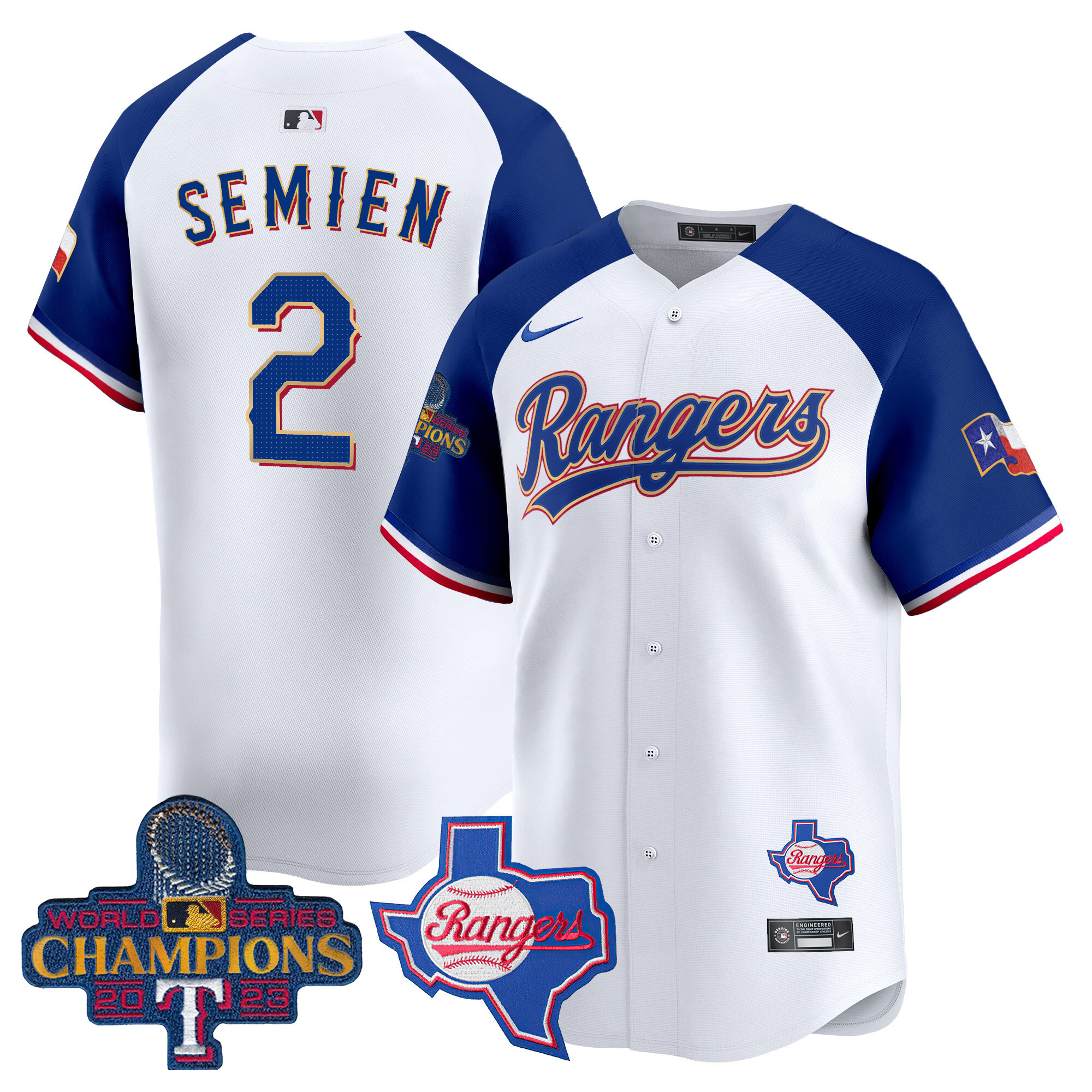 Marcus Semien Men's Texas Rangers 2023 World Series Champions Gold Trim Vapor Premier Limited V2 White Alternate Jersey - All Stitched