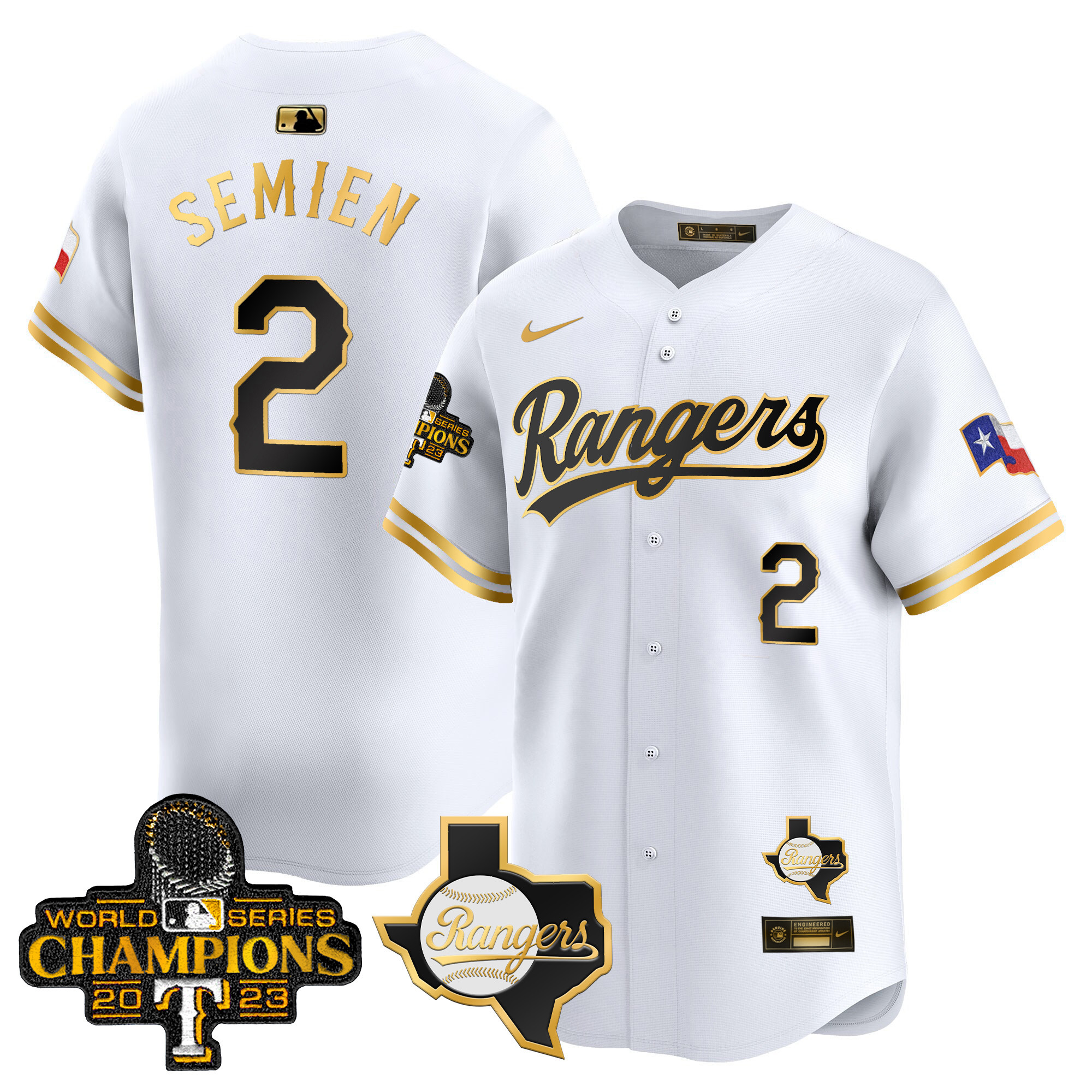 Marcus Semien Men's Texas Rangers 2023 World Series Champions Gold Trim Vapor Premier Limited V2 White Gold Jersey - All Stitched