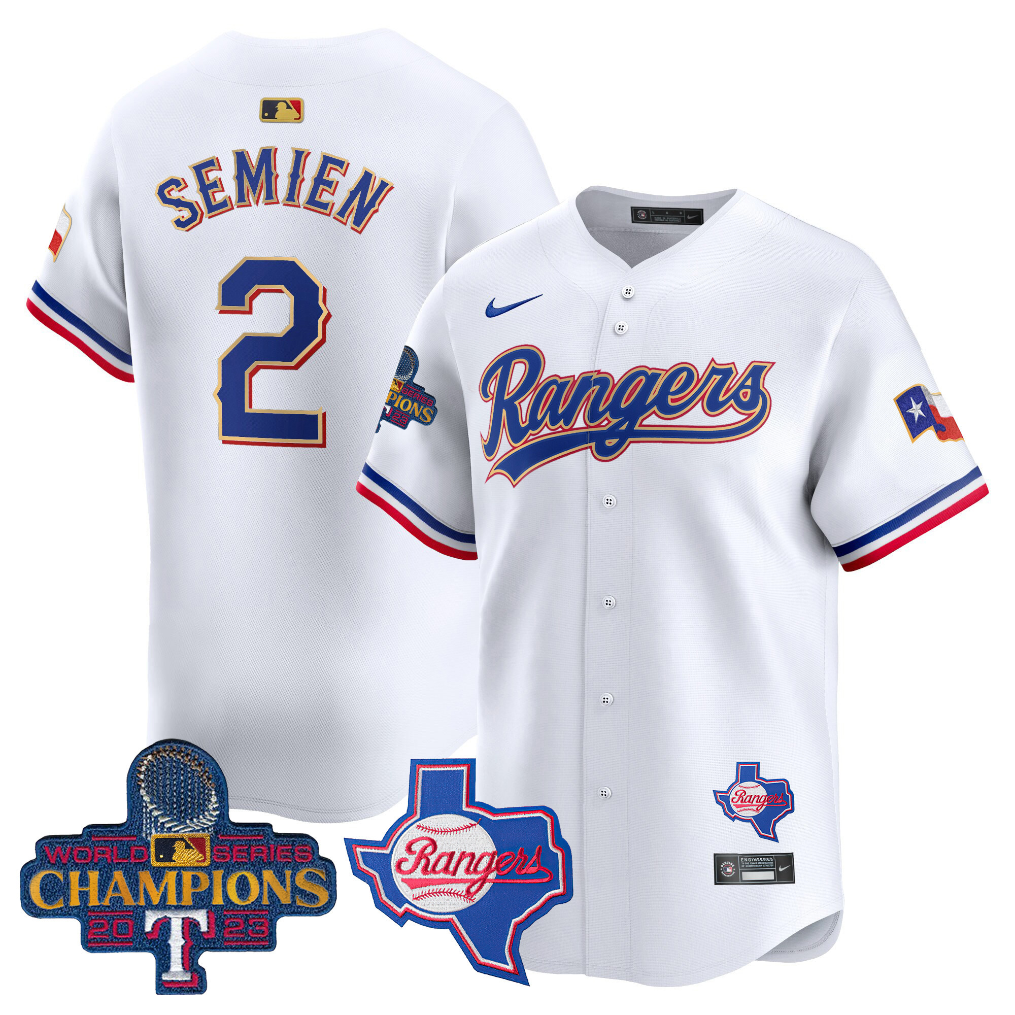 Marcus Semien Men's Texas Rangers 2023 World Series Champions Gold Trim Vapor Premier Limited V2 White Jersey - All Stitched