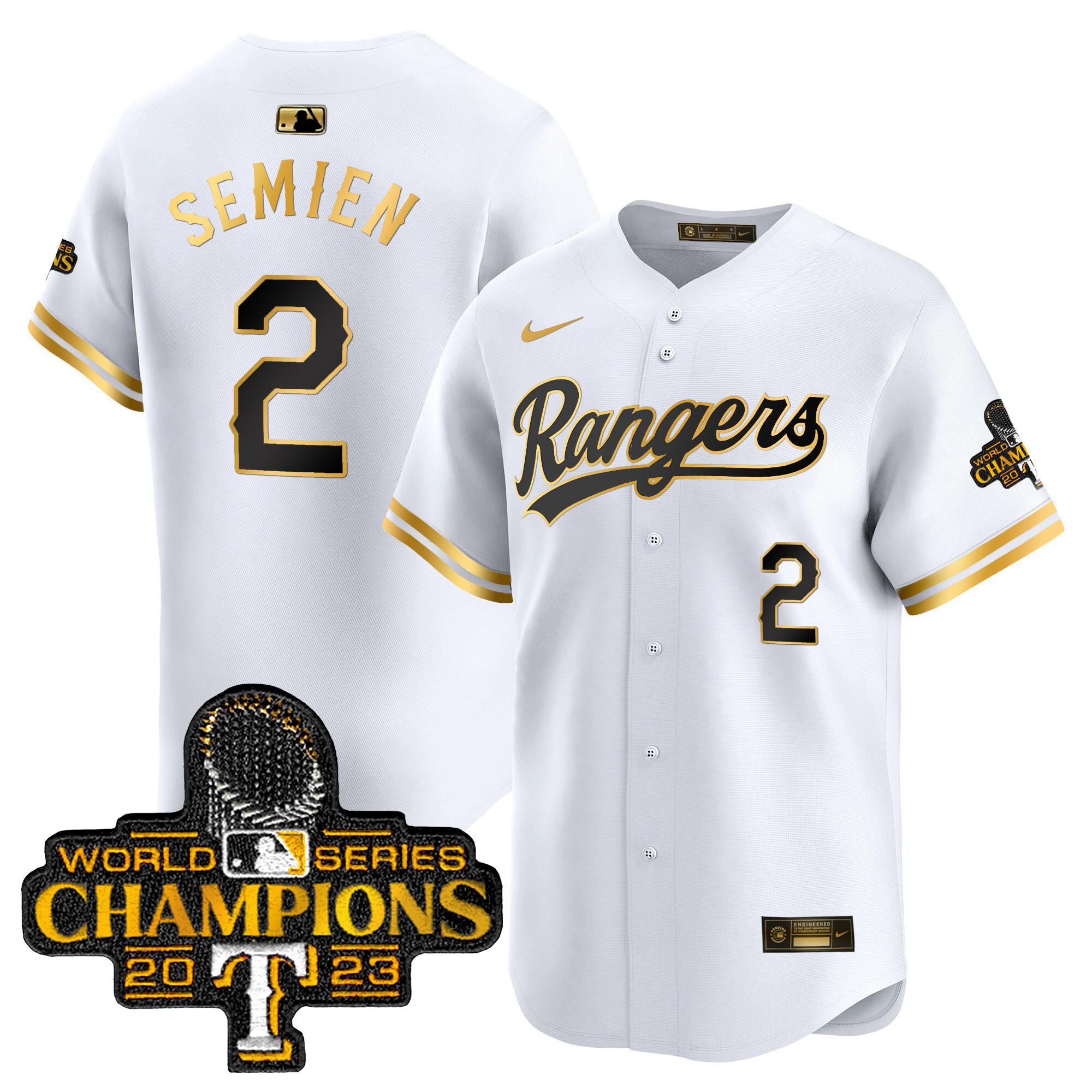 Marcus Semien Men's Texas Rangers 2023 World Series Champions Gold Trim Vapor Premier Limited White Gold Jersey - All Stitched