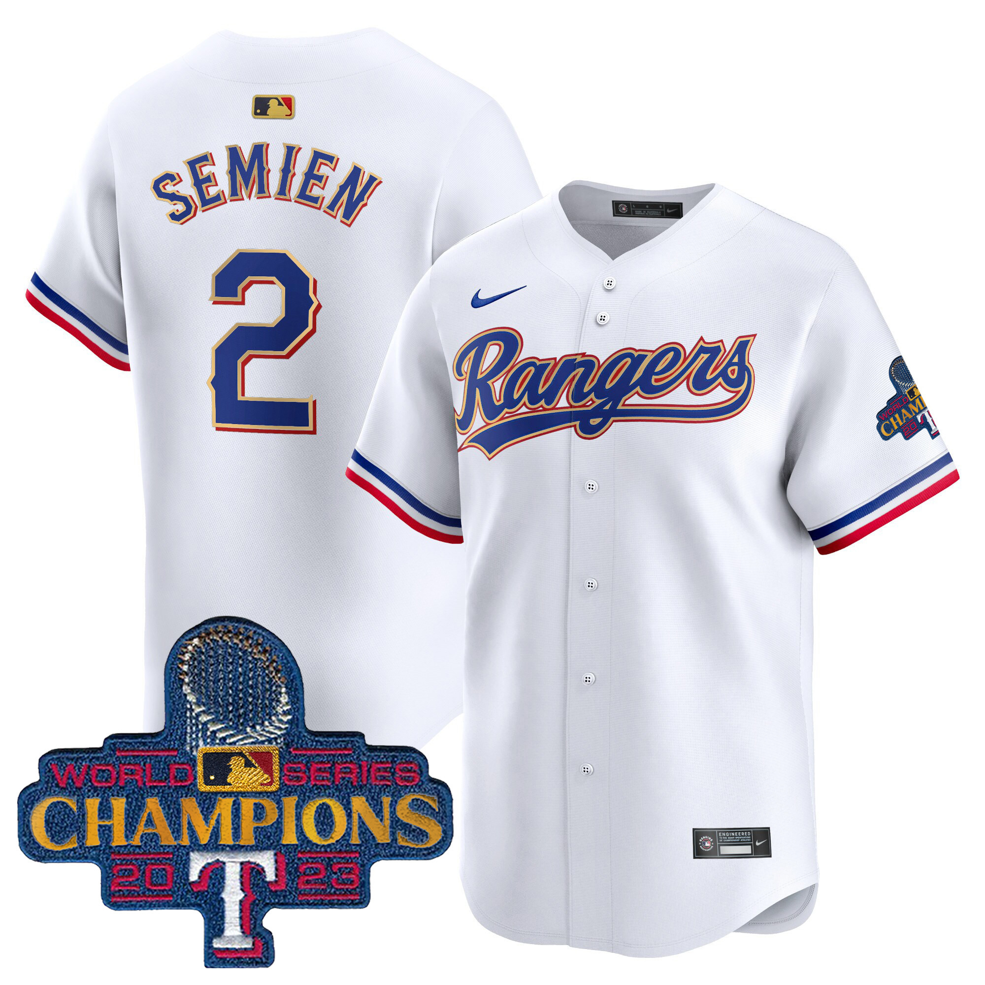 Marcus Semien Men's Texas Rangers 2023 World Series Champions Gold Trim Vapor Premier Limited White Jersey - All Stitched