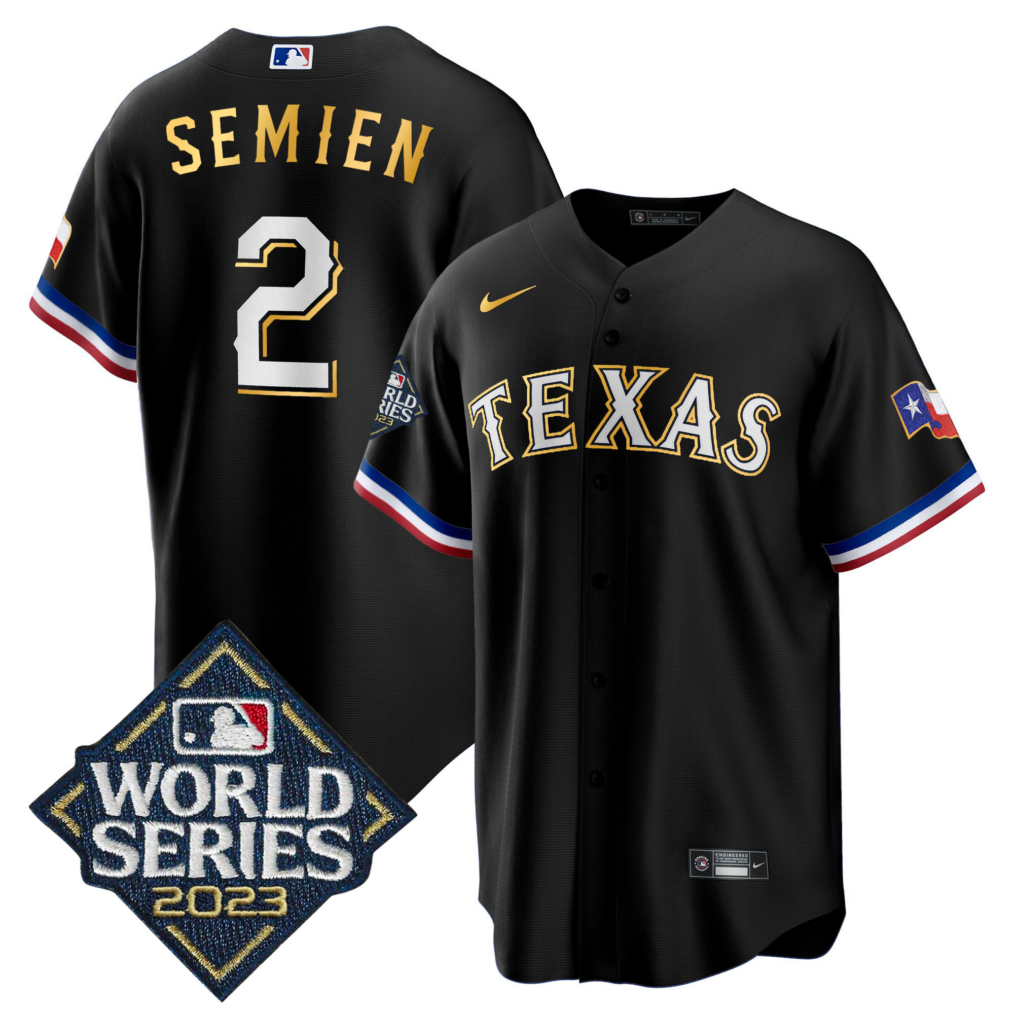 Marcus Semien Men's Texas Rangers 2023 World Series Cool Base Gold Trim Black Jersey - All Stitched