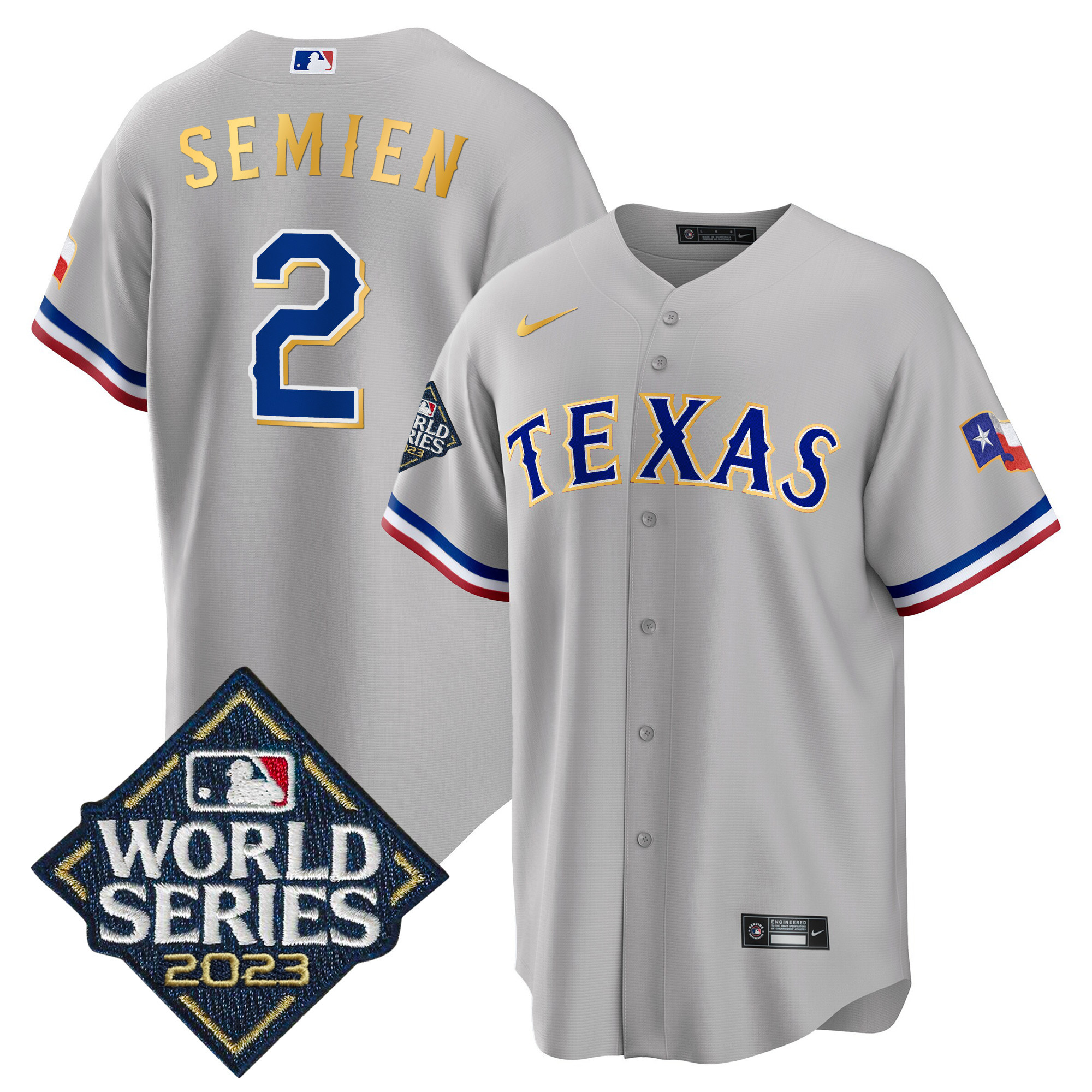 Marcus Semien Men's Texas Rangers 2023 World Series Cool Base Gold Trim Gray Jersey - All Stitched