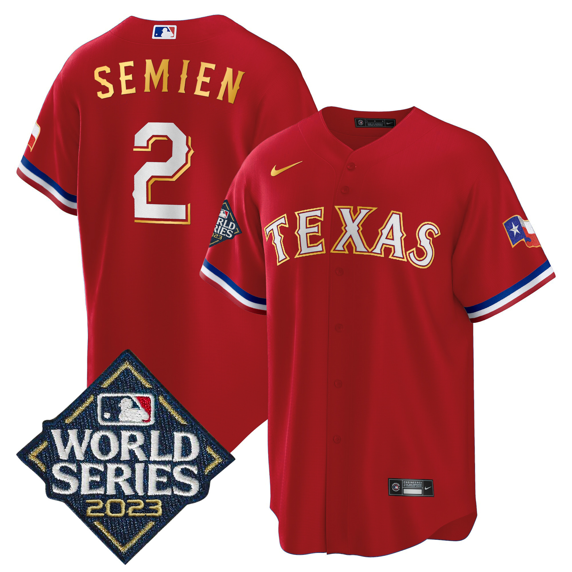 Marcus Semien Men's Texas Rangers 2023 World Series Cool Base Gold Trim Red Jersey - All Stitched