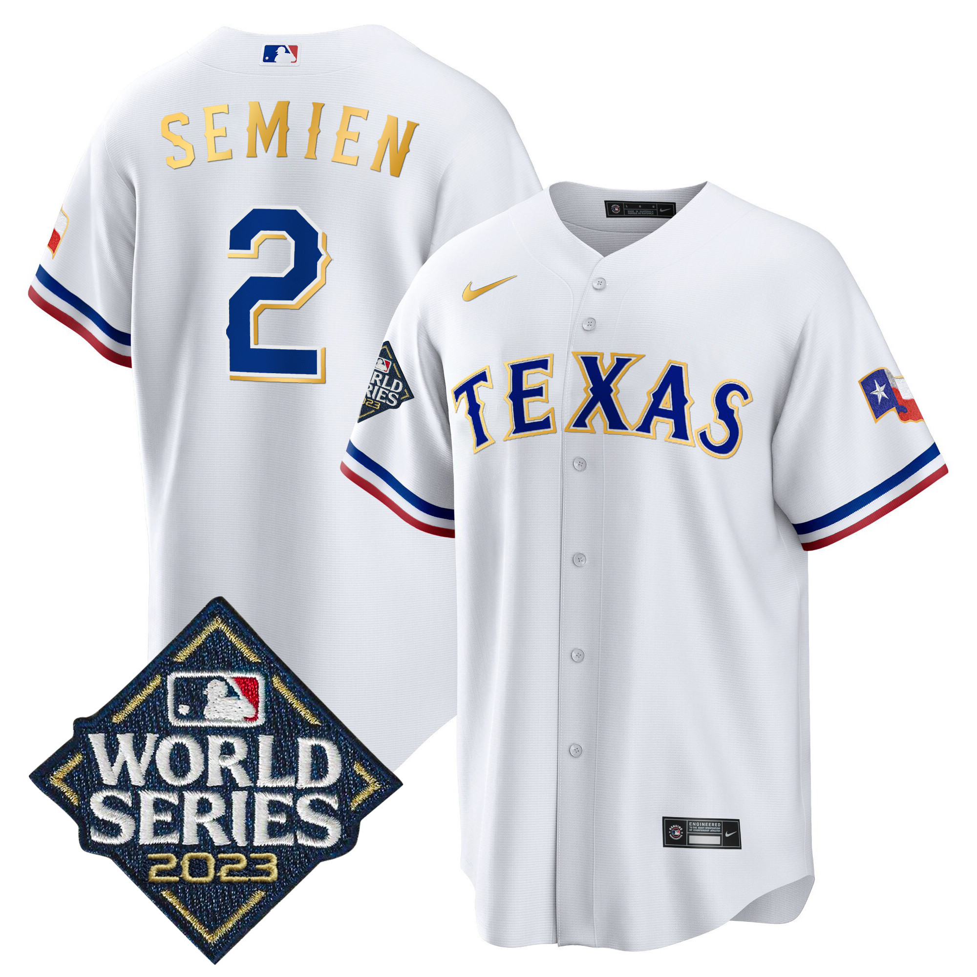 Marcus Semien Men's Texas Rangers 2023 World Series Cool Base Gold Trim White Jersey - All Stitched