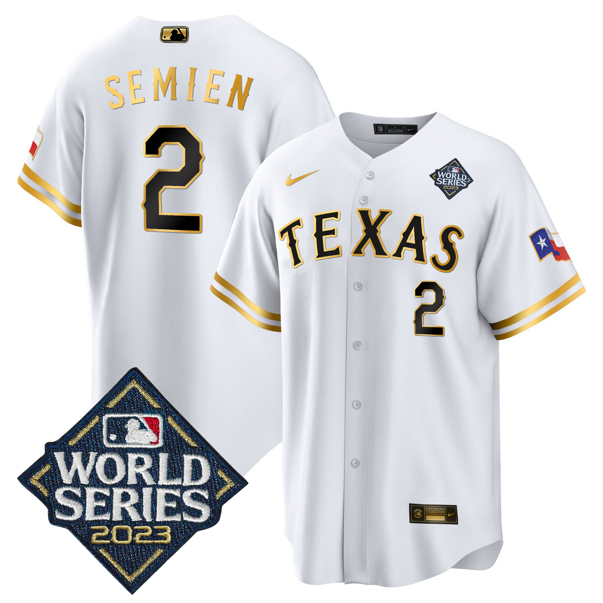 Marcus Semien Men's Texas Rangers 2023 World Series Cool Base V2 White Gold Jersey - All Stitched