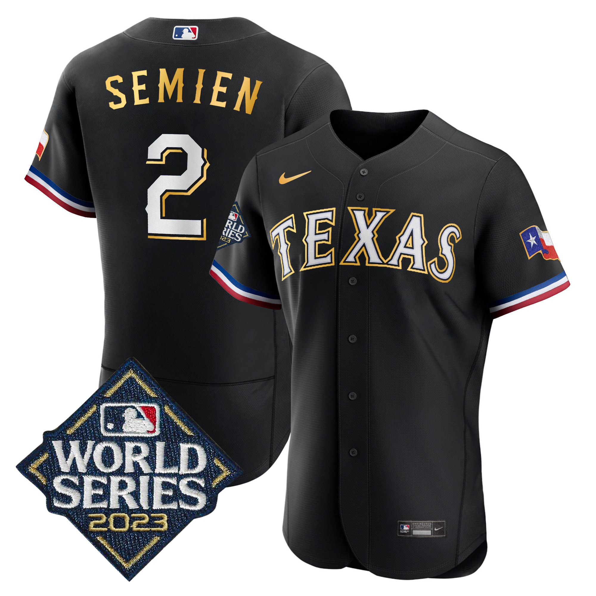 Marcus Semien Men's Texas Rangers 2023 World Series Flex Base Gold Trim Black Jersey - All Stitched