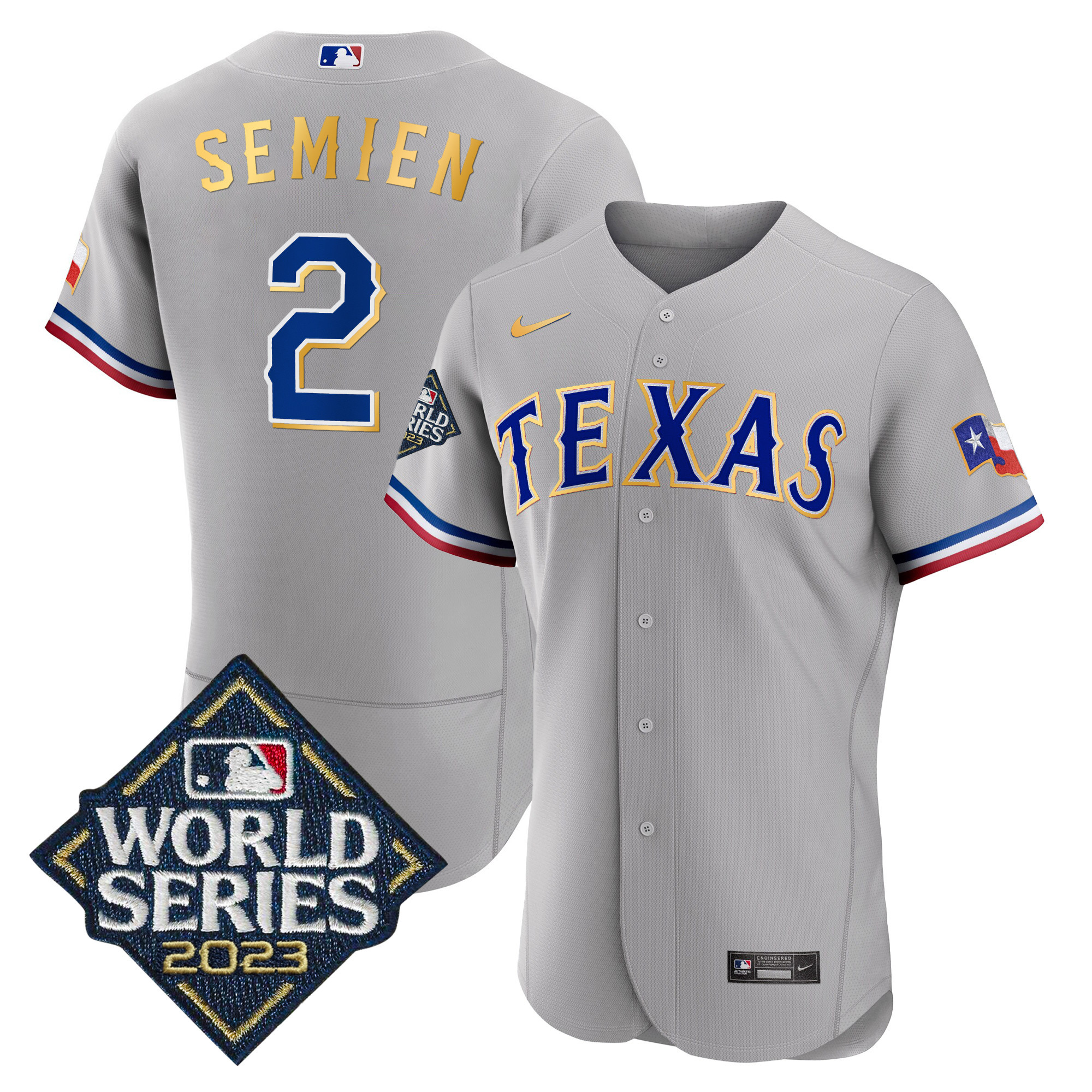 Marcus Semien Men's Texas Rangers 2023 World Series Flex Base Gold Trim Gray Jersey - All Stitched