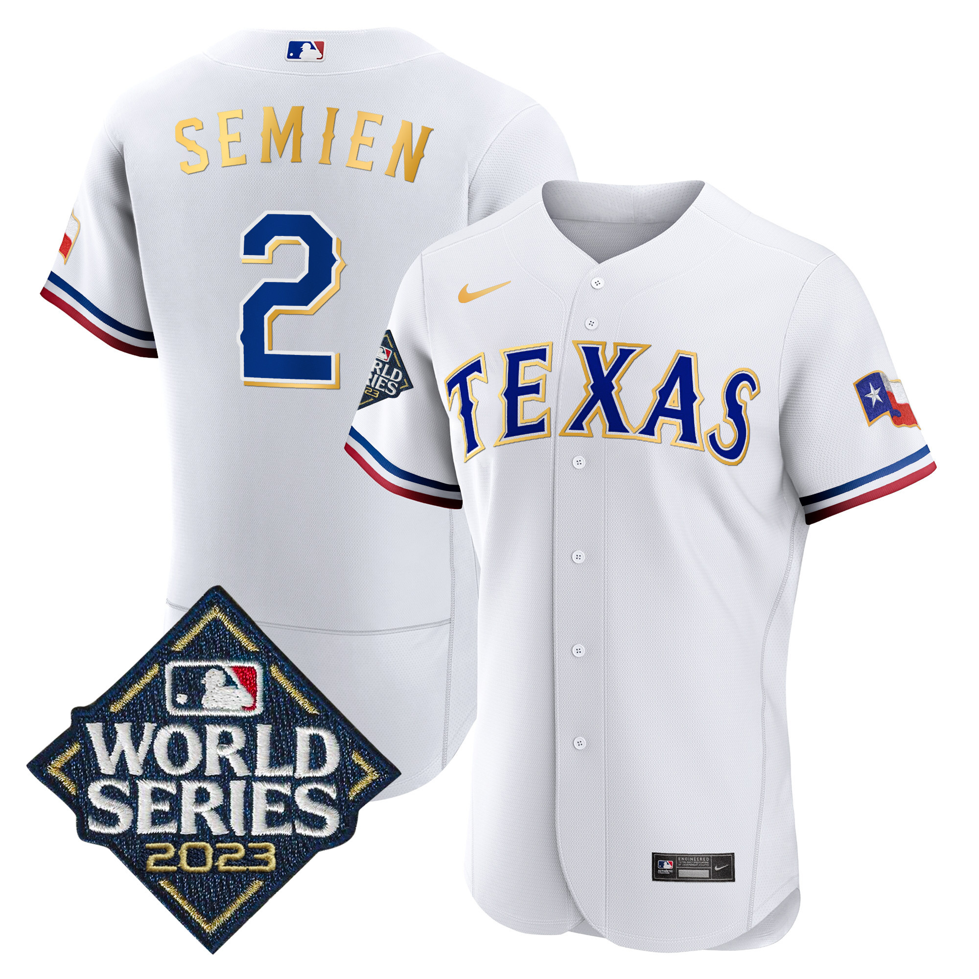 Marcus Semien Men's Texas Rangers 2023 World Series Flex Base Gold Trim White Jersey - All Stitched