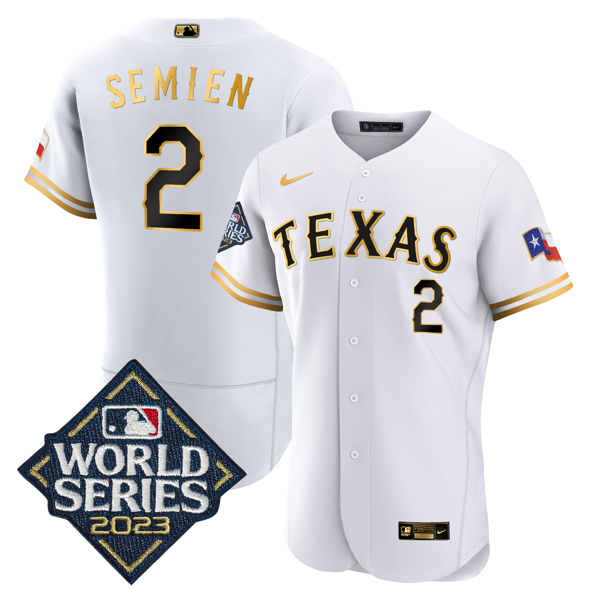 Marcus Semien Men's Texas Rangers 2023 World Series Flex Base White Gold Jersey - All Stitched