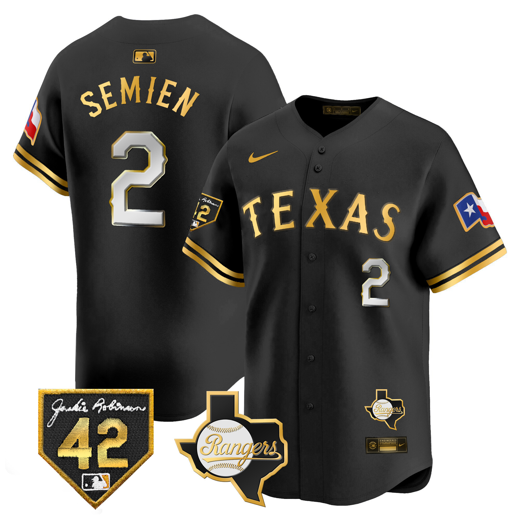 Marcus Semien Men's Texas Rangers 2024 Jackie Robinson Patch Vapor Premier Limited Black Gold Jersey - All Stitched
