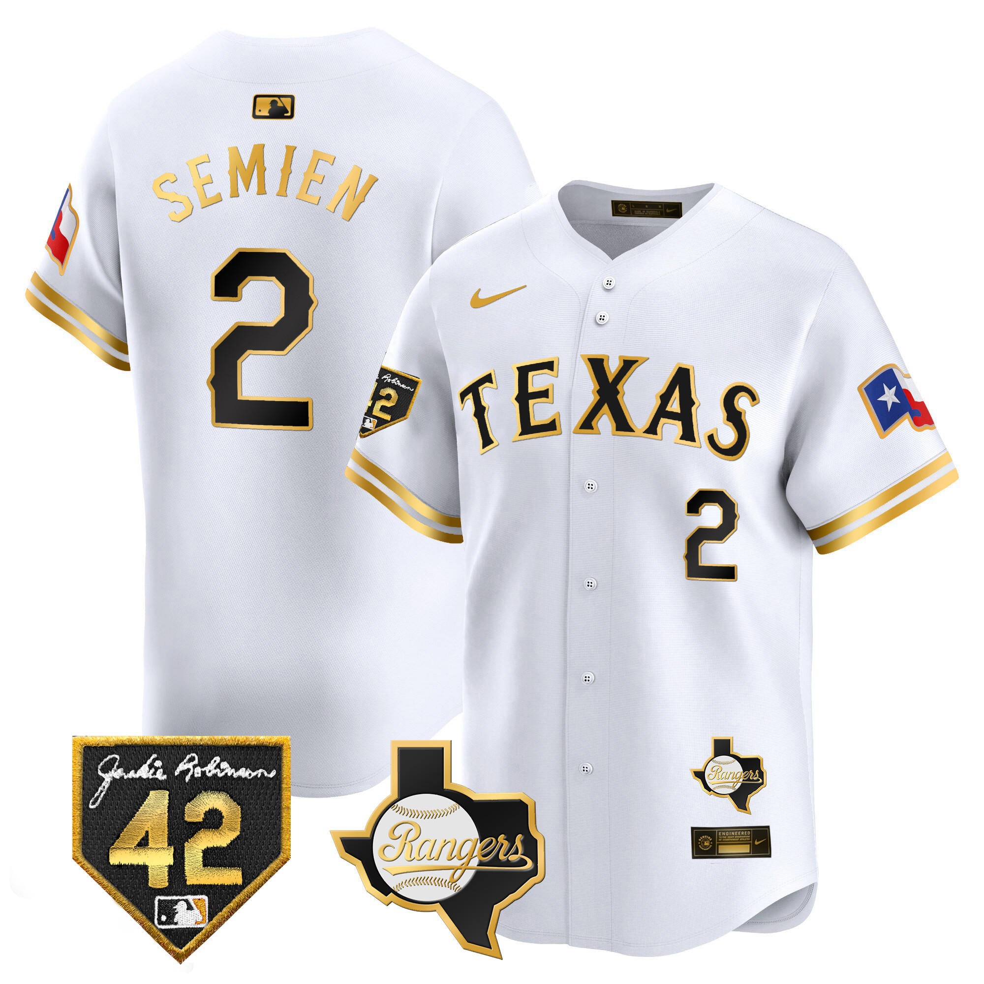 Marcus Semien Men's Texas Rangers 2024 Jackie Robinson Patch Vapor Premier Limited White Gold Jersey - All Stitched