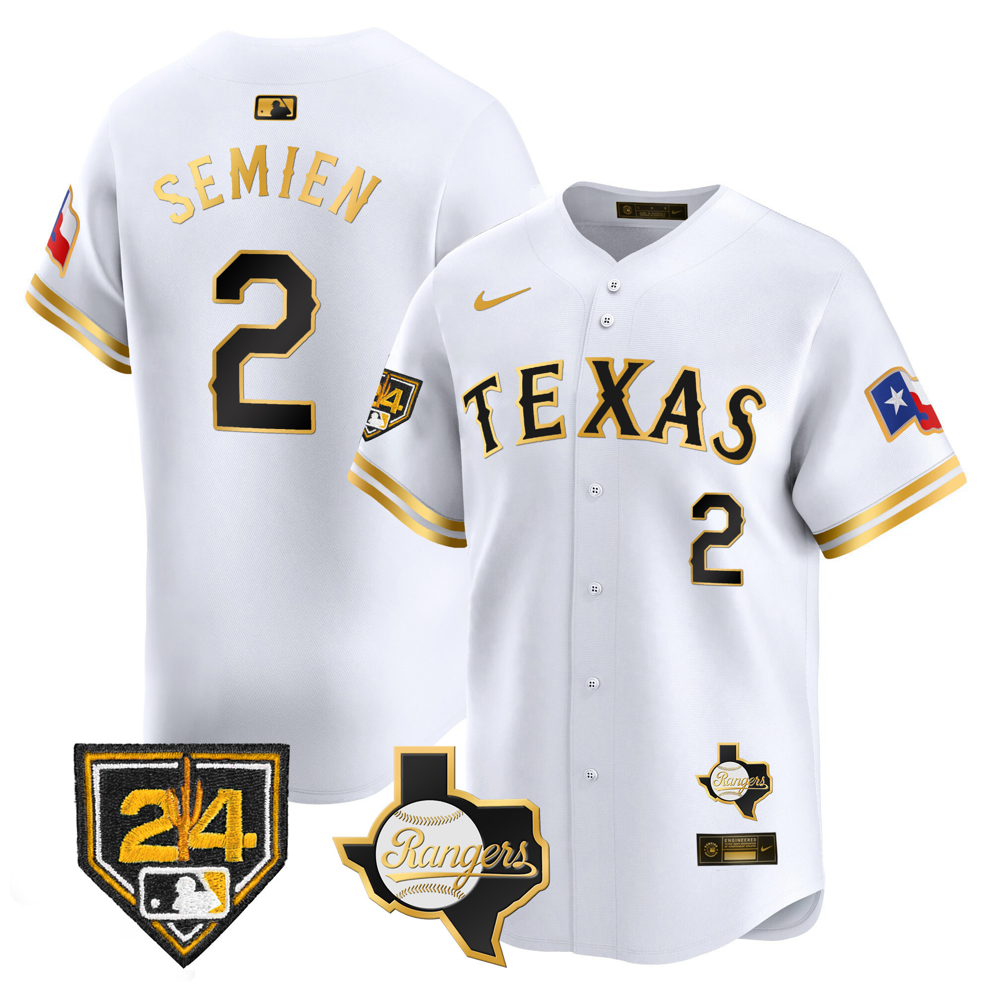 Marcus Semien Men's Texas Rangers 2024 Spring Training Patch Vapor Premier Limited White Gold Jersey - All Stitched