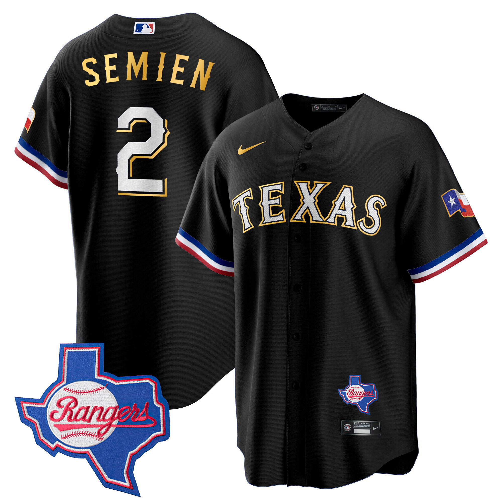 Marcus Semien Men's Texas Rangers Gold Trim Cool Base - Texas Patch Black Jersey - All Stitched