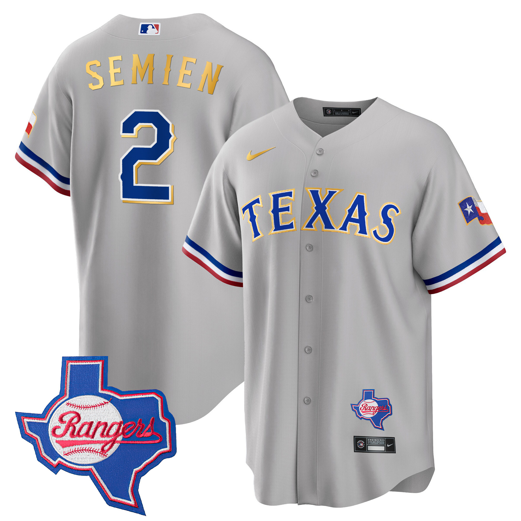 Marcus Semien Men's Texas Rangers Gold Trim Cool Base - Texas Patch Gray Jersey - All Stitched