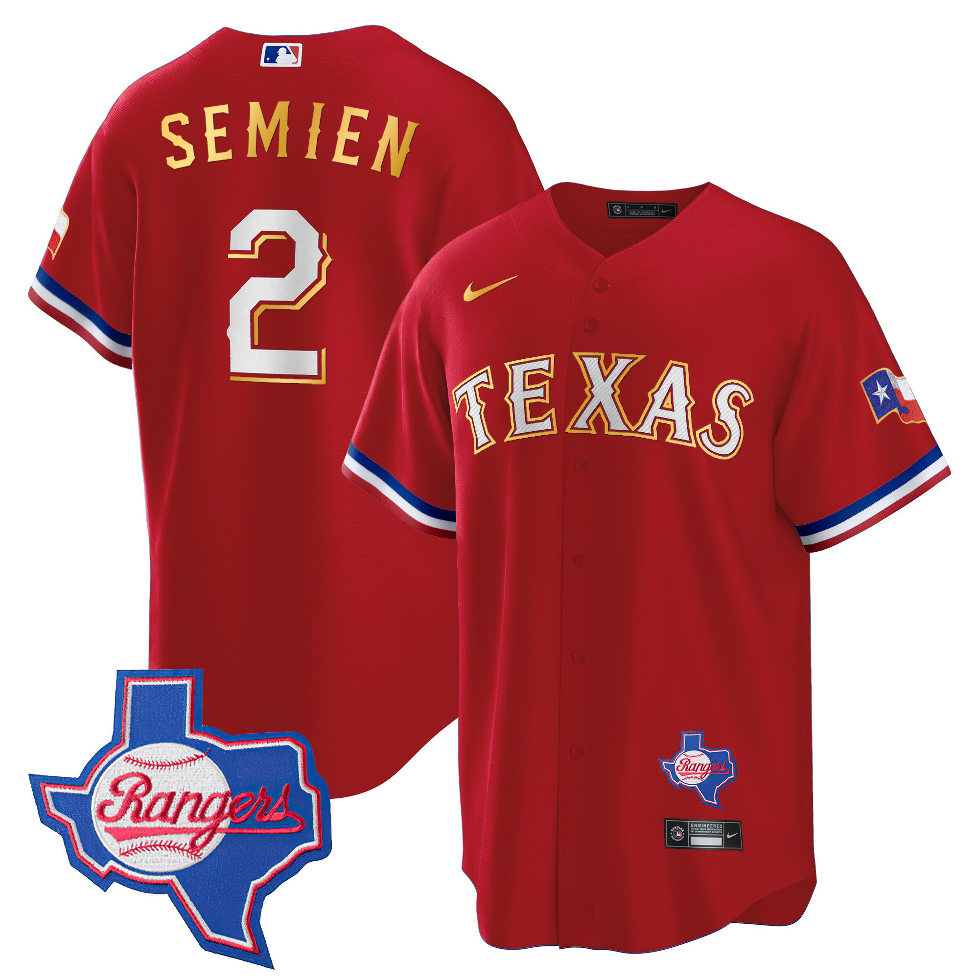 Marcus Semien Men's Texas Rangers Gold Trim Cool Base - Texas Patch Red Jersey - All Stitched