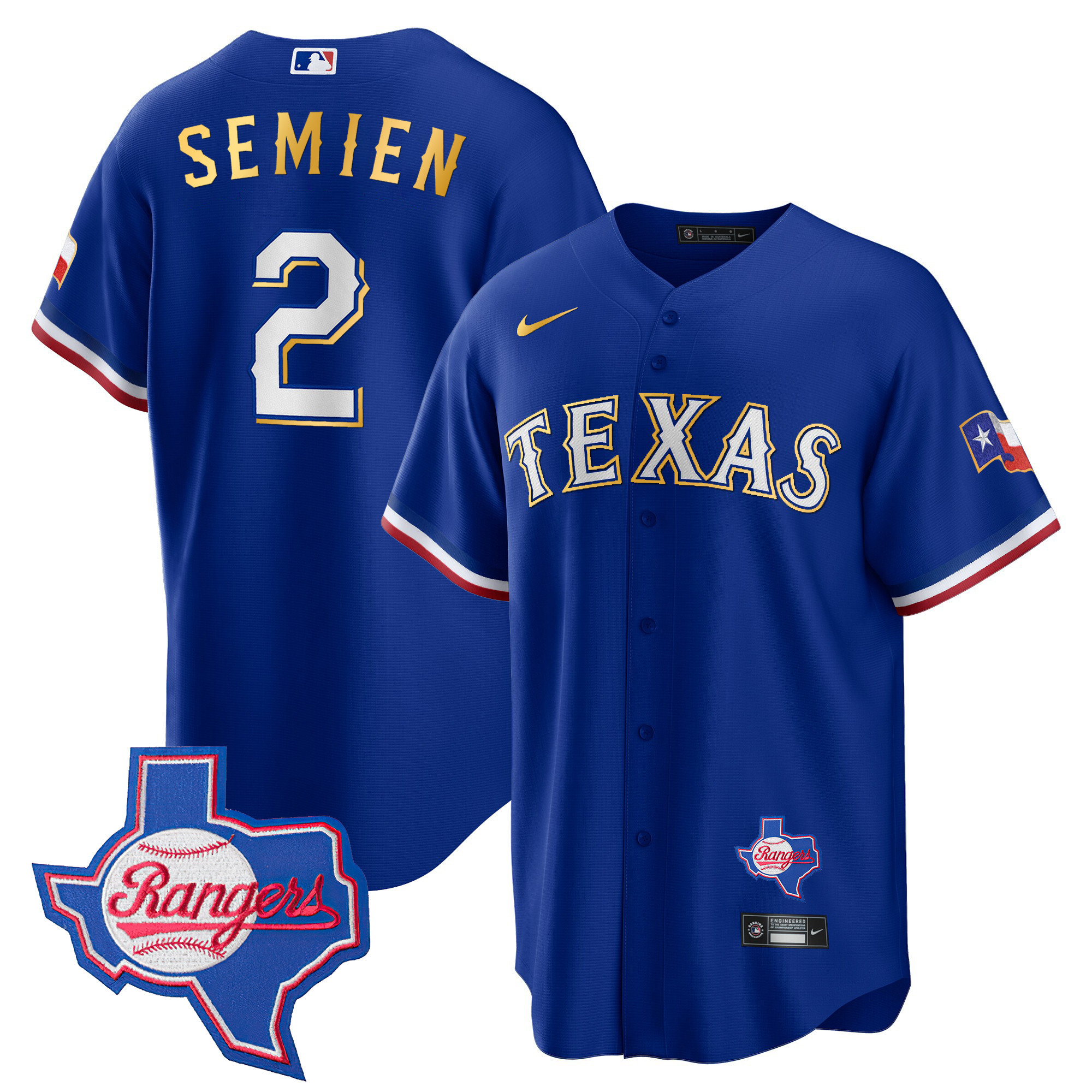 Marcus Semien Men's Texas Rangers Gold Trim Cool Base - Texas Patch Royal Jersey - All Stitched