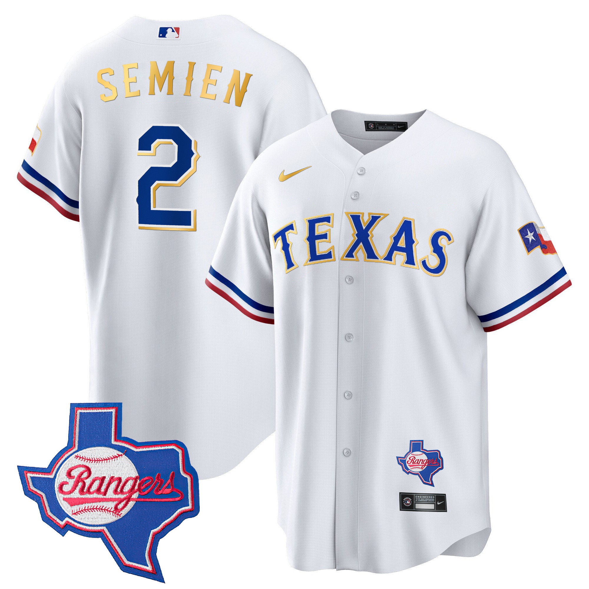 Marcus Semien Men's Texas Rangers Gold Trim Cool Base - Texas Patch White Jersey - All Stitched
