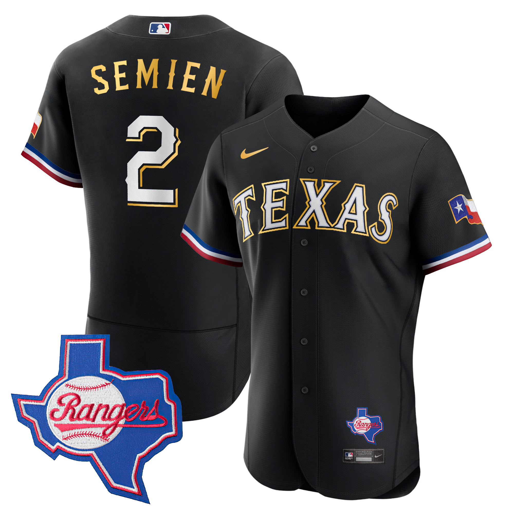 Marcus Semien Men's Texas Rangers Gold Trim Flex Base - Texas Patch Black Jersey - All Stitched